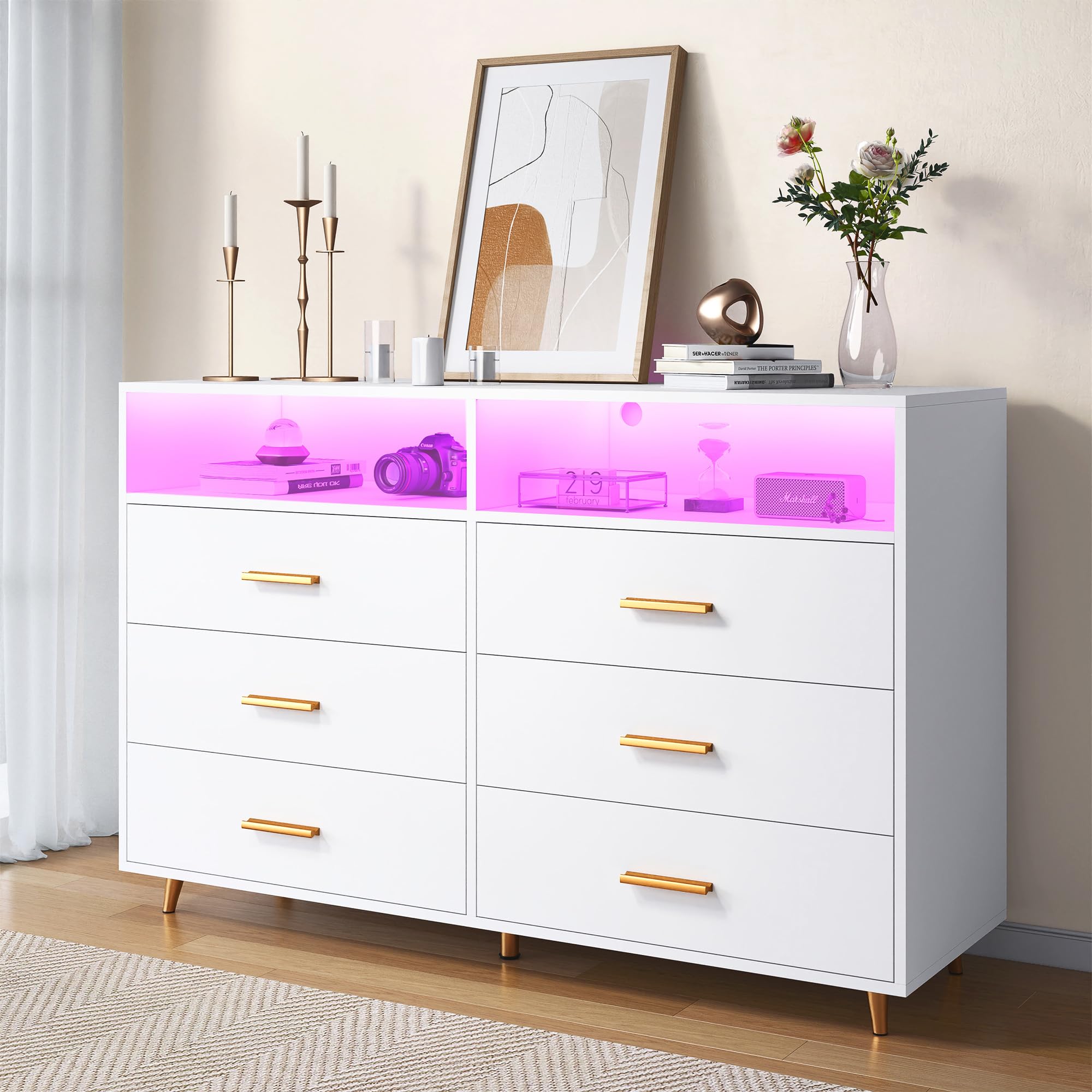 EnHomee Dresser, Dresser for Bedroom, White Dresser with LED, Wood Dressers & Chests of Drawers, 6 Drawers Dresser for Bedroom, Dresser Wood, Large Dressers Bedroom Furniture