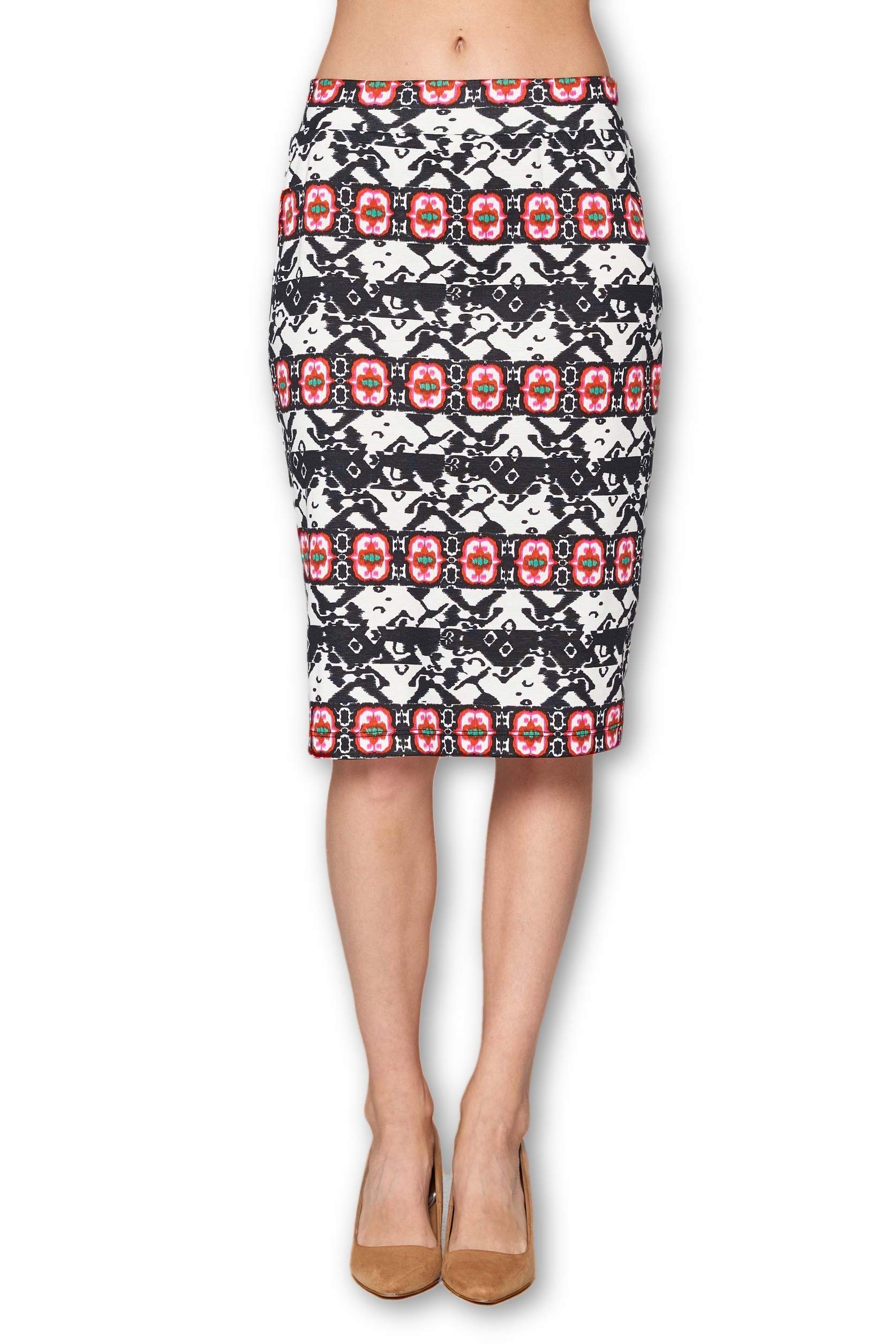 LK LuvWomen's High Waist Knit Stretch Multi Print Office Pencil Skirt (S-3XL) -Made in USA