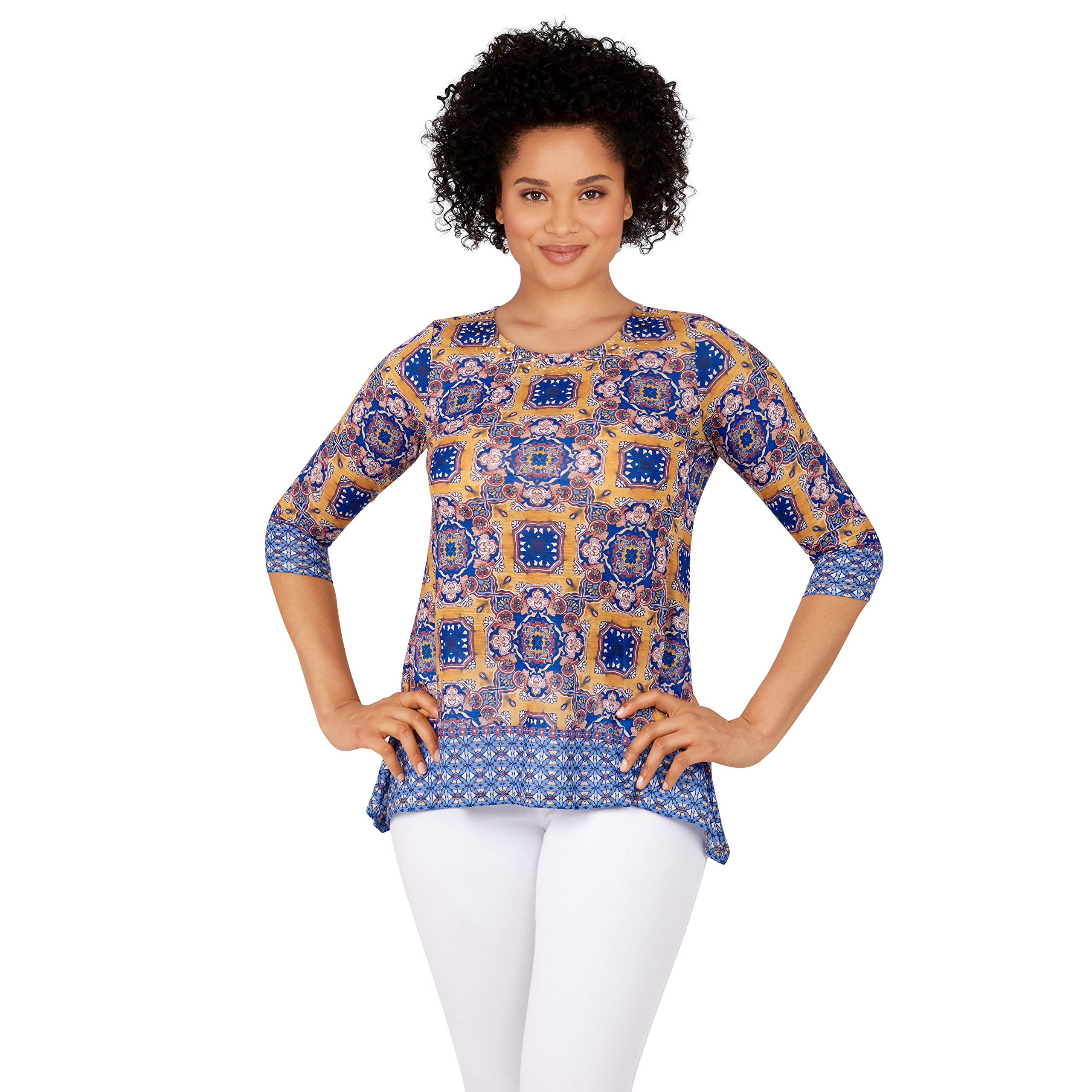 RUBY RD.womens Ruby Rd. Womens Tile Border Sublimation Top Blouse (pack of 1)