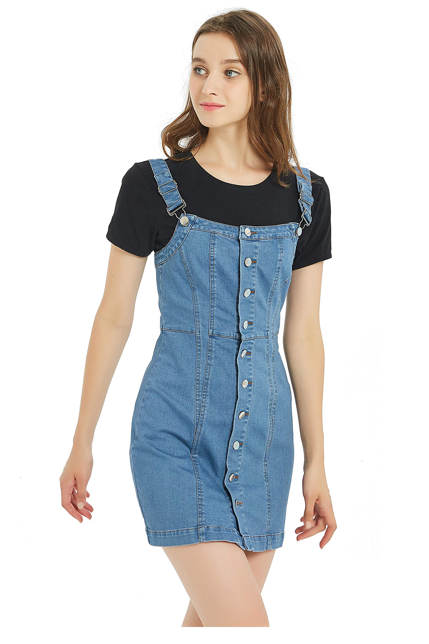 TronjoriWomen's Button Front Classic Adjustable Strap Overall Denim Skirt Dress