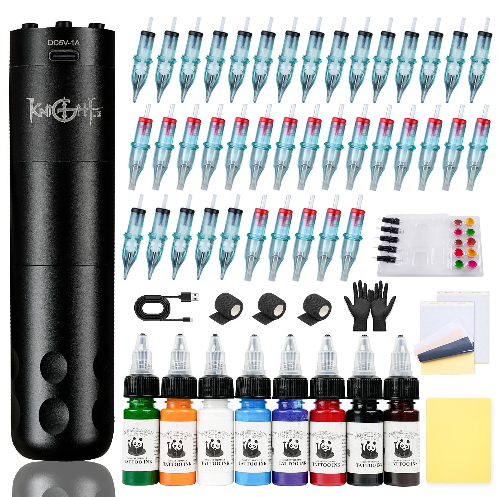 Tattoo Gun Kit Wireless, 10000Rpm Knight Tattoo Pen Coreless Motor, 40*Cartridge Needle 5*Supplies Holder 8*Tattoo Ink, 1300mAh Tattoo Gun Starter Kit Professional for Beginners & Artists