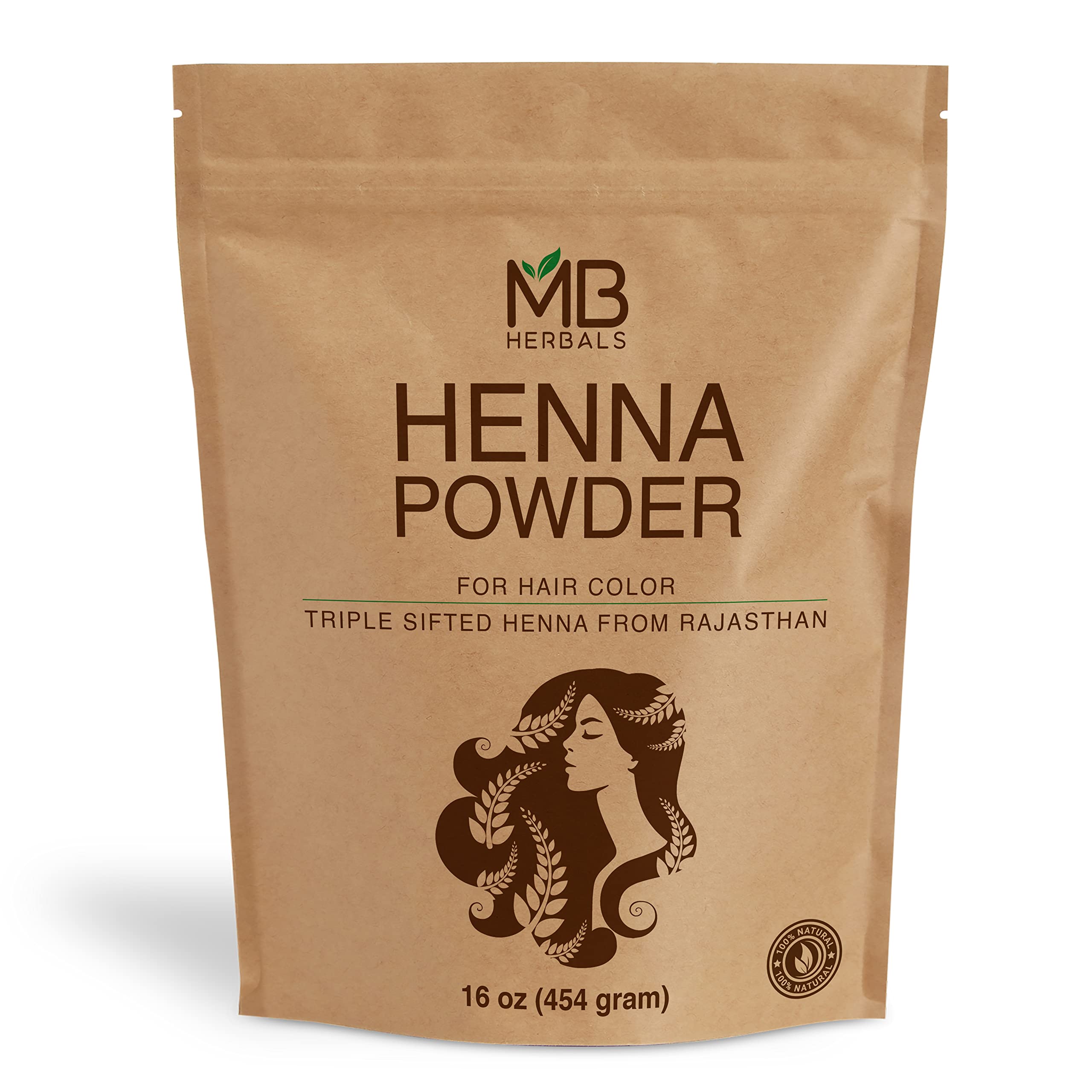 MB Herbals 100% Pure Natural Henna Powder, 454 Gram / 1.00 LB, For Orange Hair Color, Triple Sifted, Raw, Non-Radiated, Rajasthan Henna from Marwar region