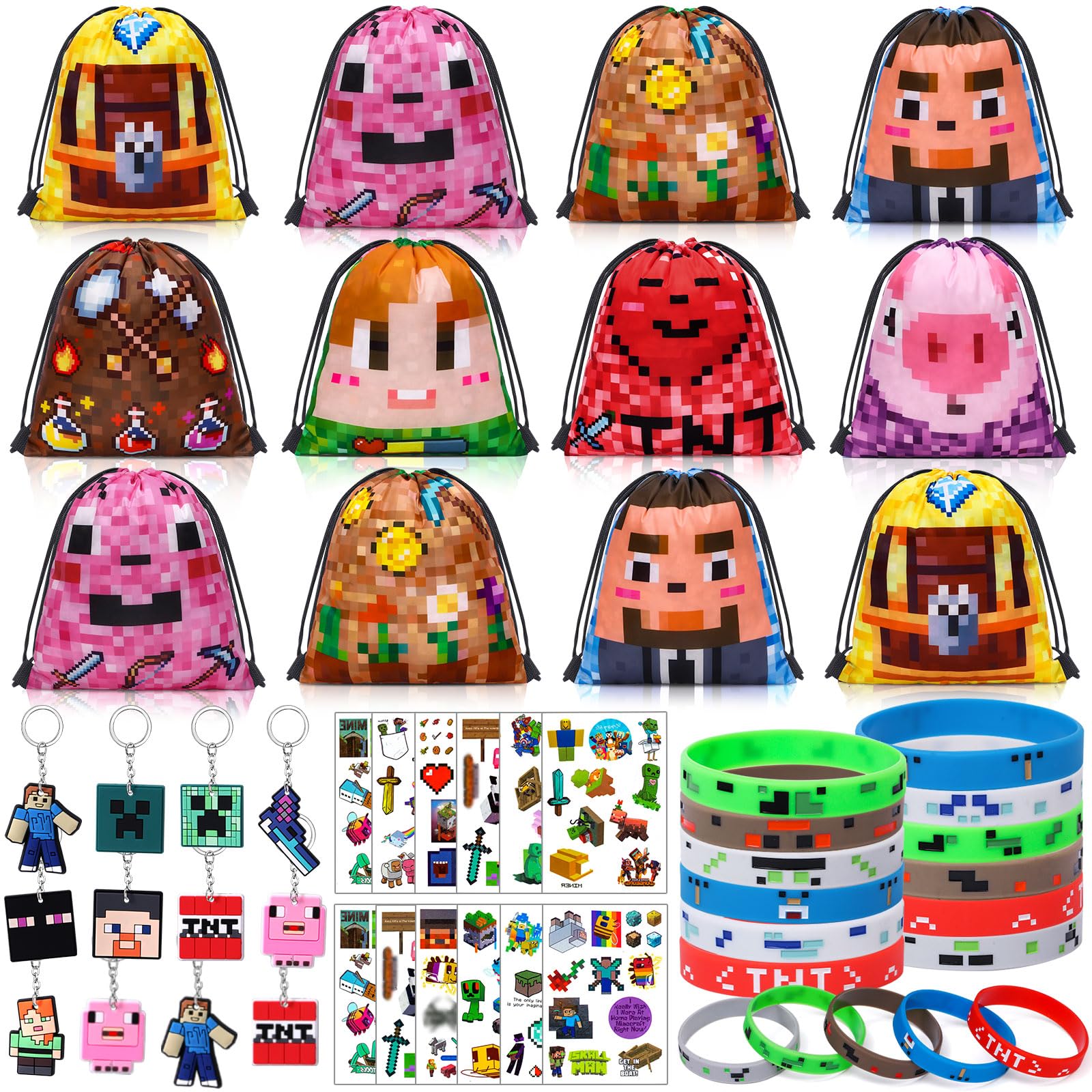 Toyssa 48pcs Miner Gaming Party Bag Fillers Gamer Party Favours with Miner Party Drawstring Bags Keychain Silicone Bracelet Stickers Miner Party Supplies Pinata Goodie Bag Fillers for Kids Boys