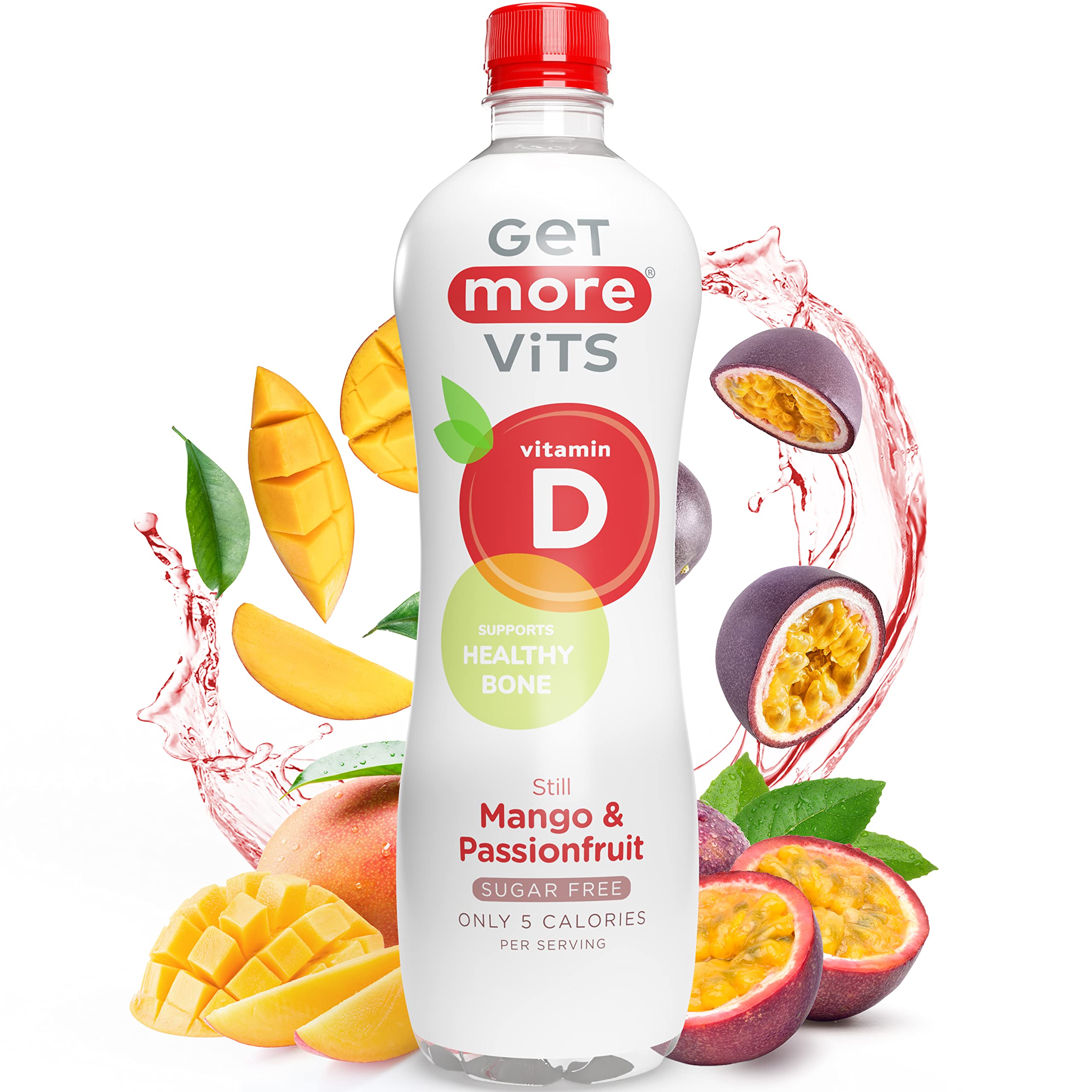 Get More Vits - Vitamin D Still Mango & Passionfruit Spring Water (12 x 500ml), Support Healthy Bones, Teeth & Muscles, Boost Immune System, Sugar Free, Low Calorie, Natural Flavours, Vegetarian