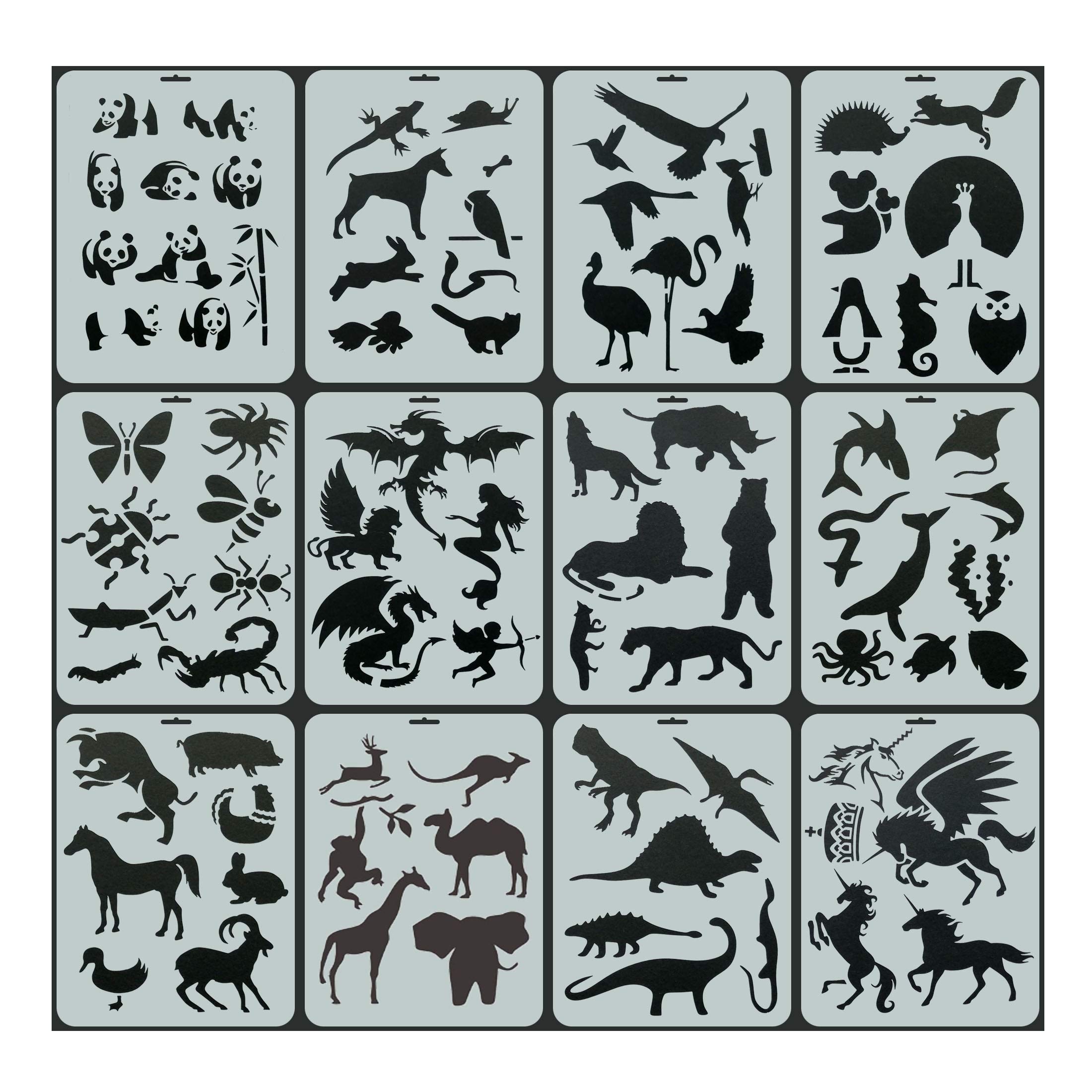 Funny live 12Pcs Animals Shapes Reusable Plastic Stencils Drawing Stencils Animals Template Sets for Kids, 84 Animal Patterns Including Panda, Horse, Cow, Wolf, Elephant, Insect Etc