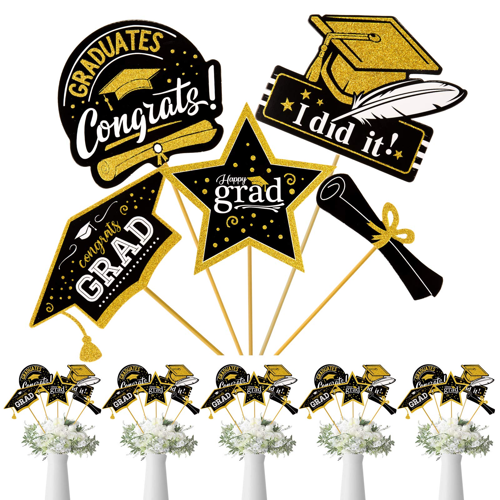 Whaline 25 Pcs Graduation Centerpiece Sticks 2020 Congrats Photo Booth Props Table Toppers with Glue Points and Bamboo Sticks, Black and Gold Glitter Congrats Party Decoration Supplies Set