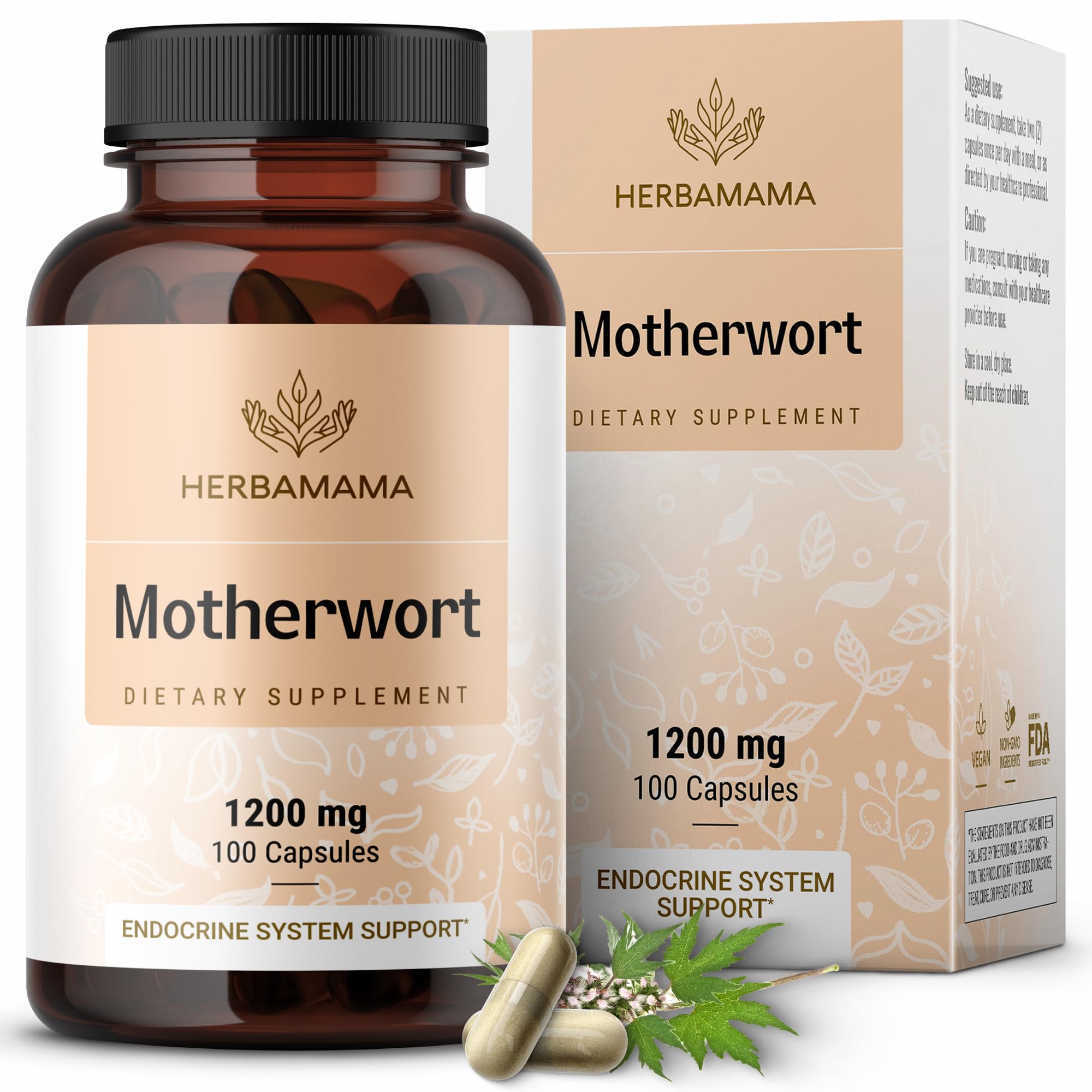 HERBAMAMA Motherwort Capsules - 1200 mg Motherwort Herb Powder Calm Supplements - Women's Health Calming Capsules - Vegan, Non-GMO - 100 Caps