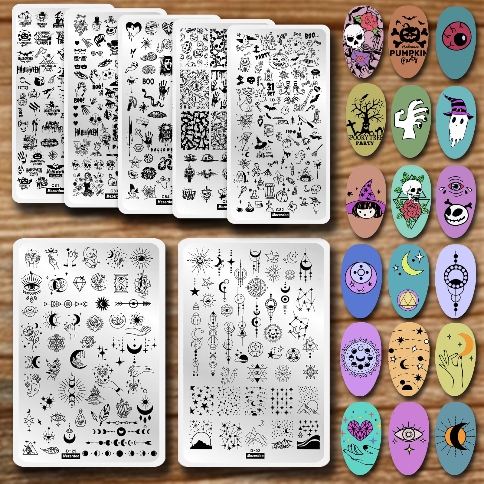 7pcs Star Moon Halloween Design Stamping Plates Nail Art Kit Starry Galaxy Night Sky Large Nail Stamp Templates Skull Ghost Witch Pumpkin Nail Stamper Plate Heart Sun Spider Bat Printing Nail Stencils