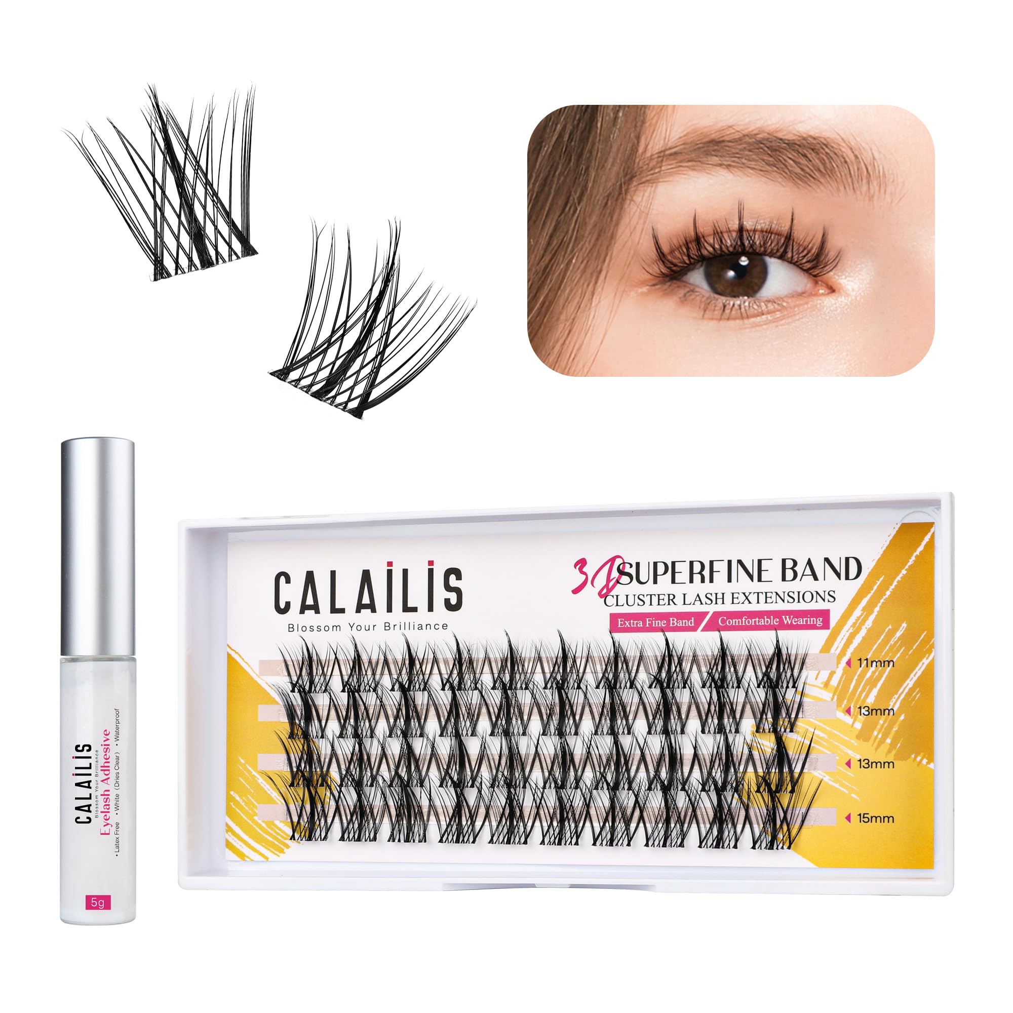 CALAILIS Individual Lashes, DIY Eyelash Extensions, Super Thin Glue-based Band, Natural Look Reusable,11/13/13/15mm, Lasting for 48 Hours Individual DIY Eyelashes(LR01)