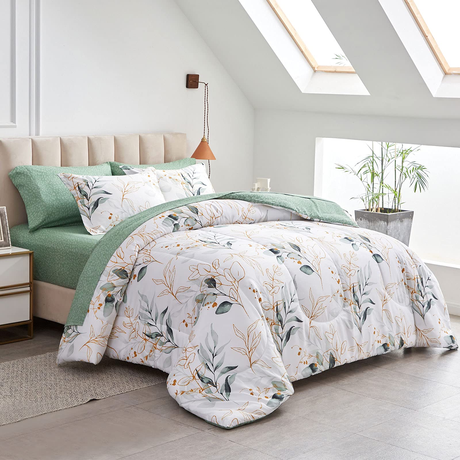 Joyreap 7 Piece Bed in a Bag Queen, Green Leaves Printed on White Botanical Design, Microfiber Set for All Season (1 Comforter, 2 Pillow Shams, 1 Flat Sheet, 1 Fitted Sheet, 2 Pillowcases)