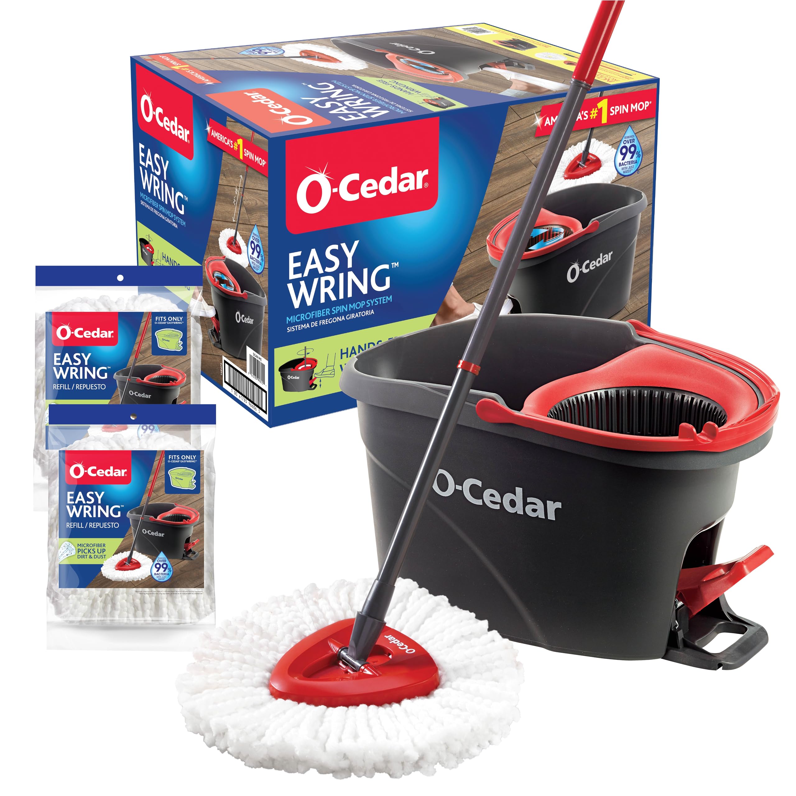 O-CedarEasyWring Microfiber Spin Mop & Bucket Floor Cleaning System + 2 Extra Refills, Red/Gray