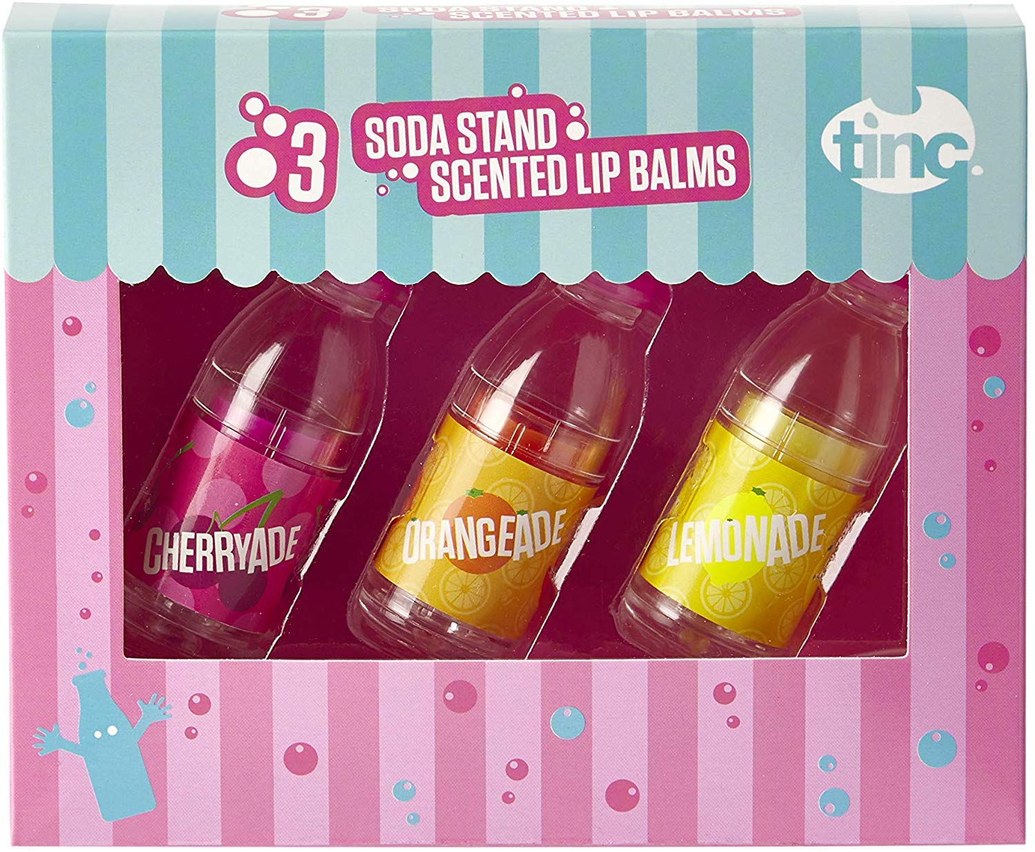 Tinc Soda Stand Lip Balms for Kids | Fruit Flavoured - Set of 3 Scents - Cherryade - Lemonade - Orangeade - Keeps Lips Moist - Perfect Party Bag Treat | 3 Flavours | multicolour