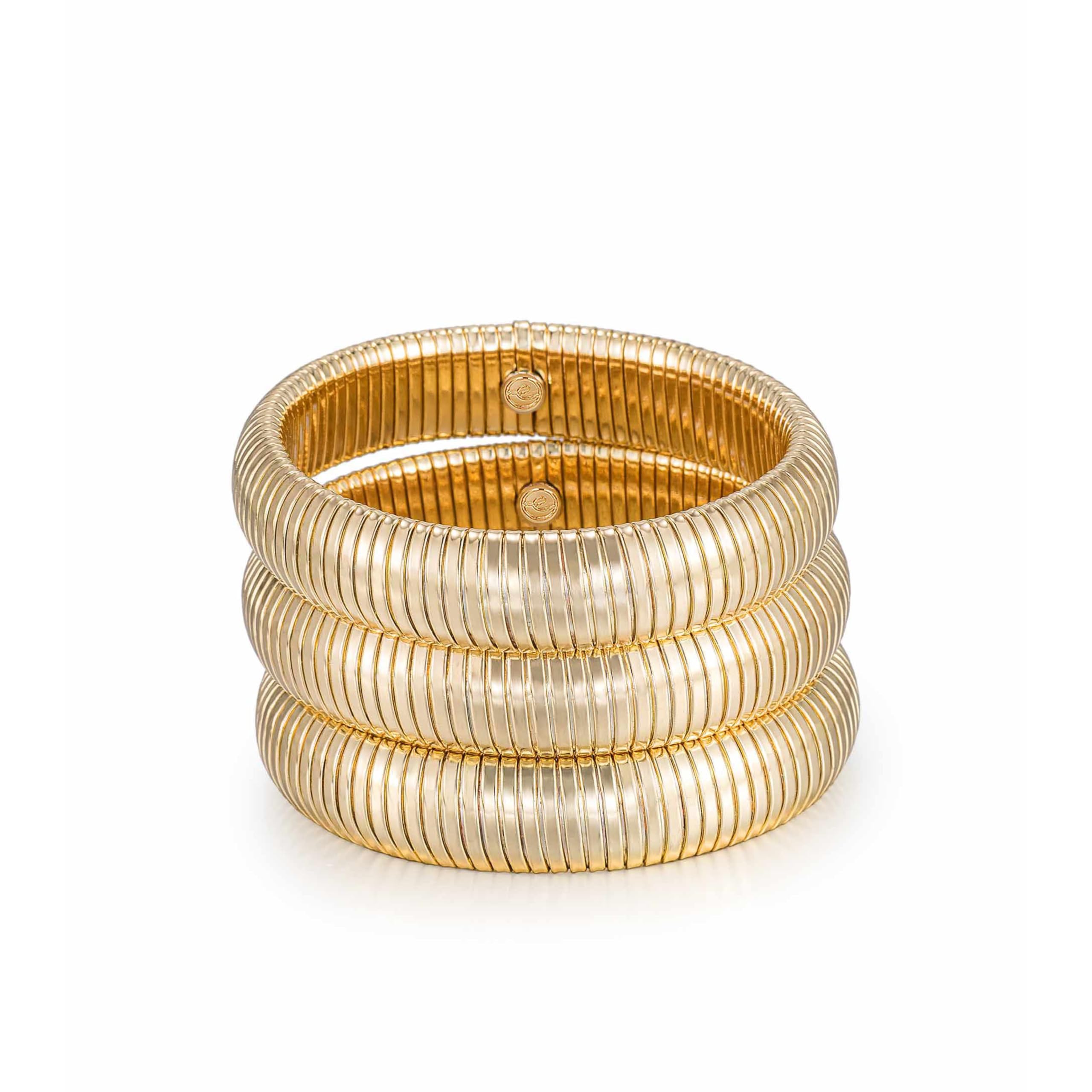 EttikaGold Bangles For Women. Chunky Gold Bracelets, Set of Womens Bracelets. 3Pcs Flex Snake Chain Stretch Gold Tone Or Rhodium Plated Bangles