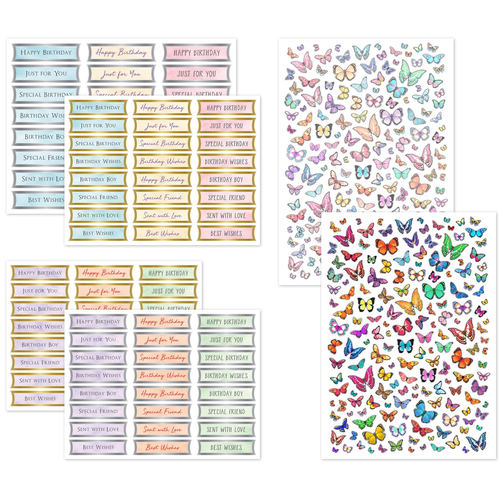 Katy Sue Die Cut Birthday Sentiment Banners & Butterflies Set for Card Making Supplies. Contains 96 Foiled Pastel Birthday Banners & 332 Double-Sided Colourful Die Cut Butterflies