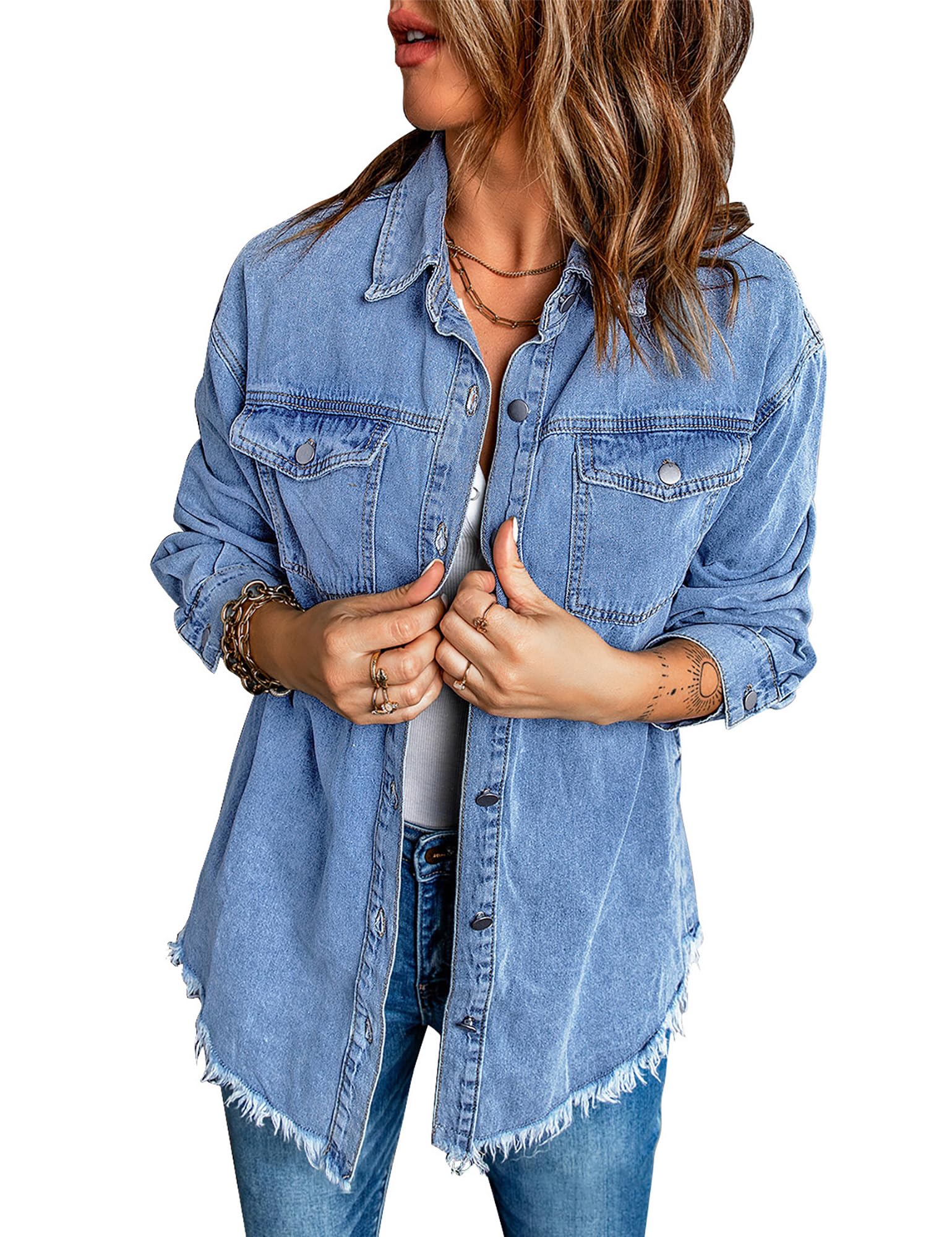 luvamiaDenim Jacket for Women Button Up Frayed Hem Shacket Long Sleeve Pockets Oversized Jean Jackets