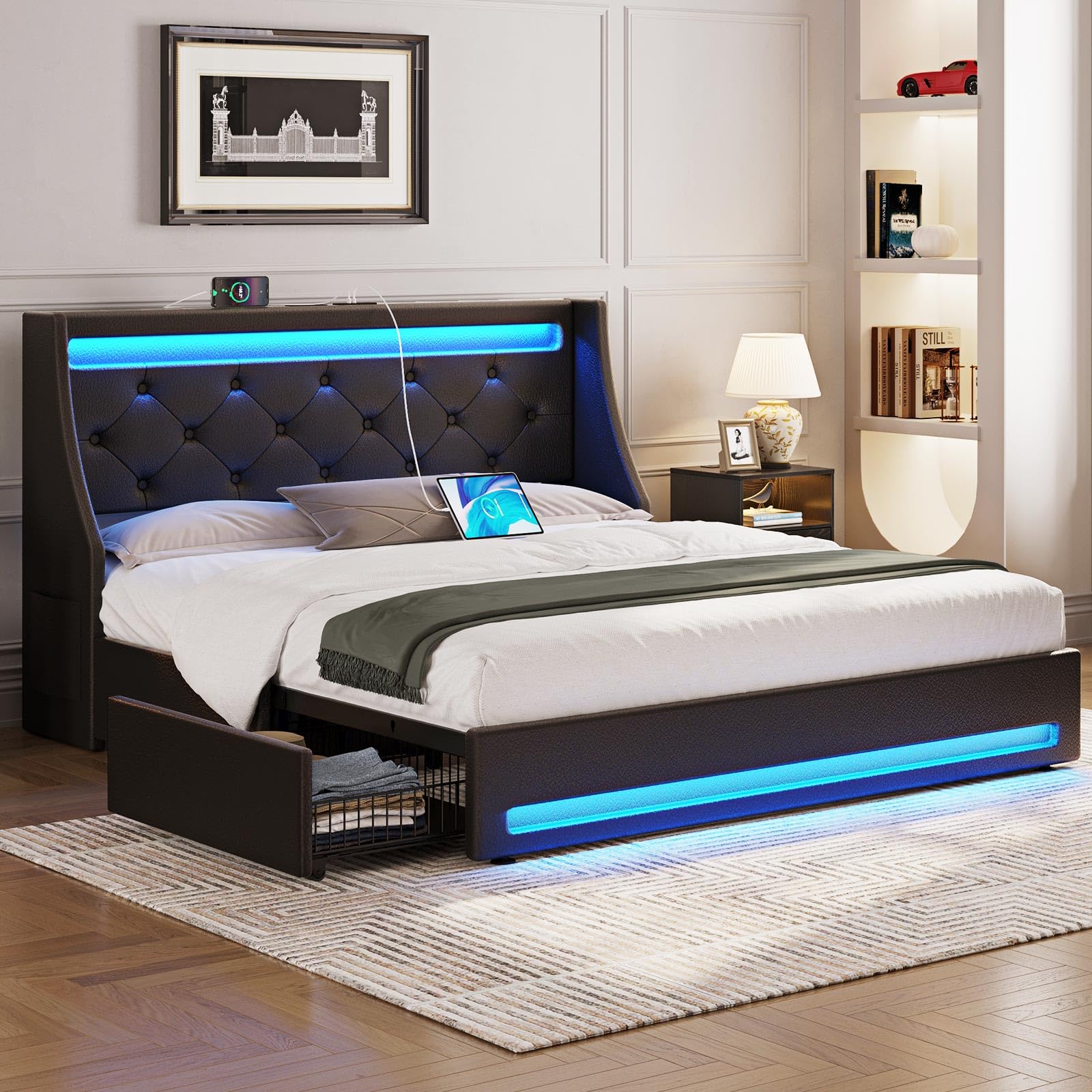 RolanstarComplete Bed Frame with 4 Storage Drawers, Charging Station and LED Lights, Padded Faux Leather Platform Bed with Sturdy Wooden Slats, No Need for Bed Base