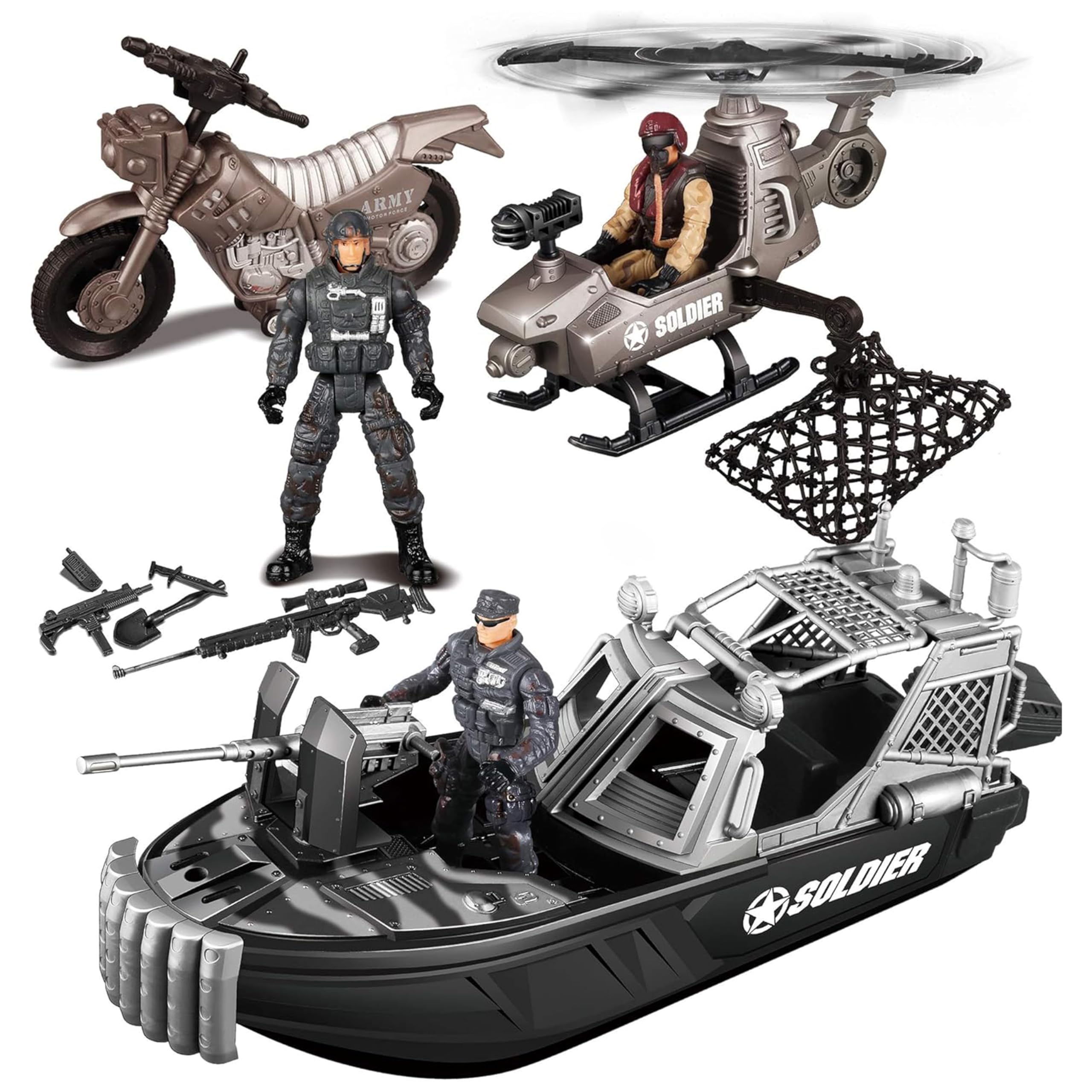 JOYIN 9 Pcs Combat Boat and Military Vehicle Toys Set with Realistic Military Combat Boat, Mini Helicopter, Motorcycle, Army Men Toy Soldiers Action Figures and Other Equipment Accessories