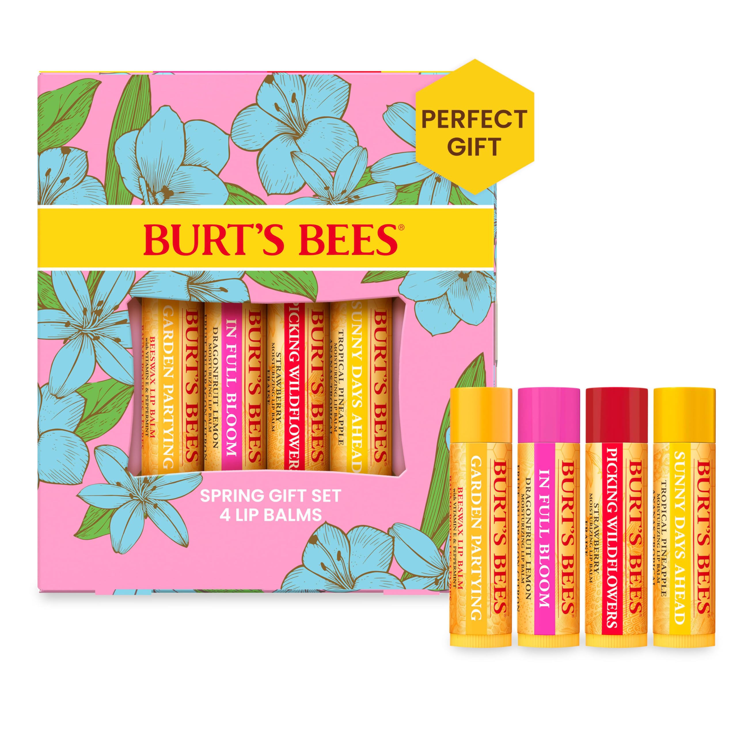 Burt's Bees Stocking Stuffers, In Full Bloom Lip Balm Set, Original Beeswax, Dragonfruit Lemon, Tropical Pineapple & Strawberry, Natural Origin Lip Treatment Christmas Gifts (4-Pack)