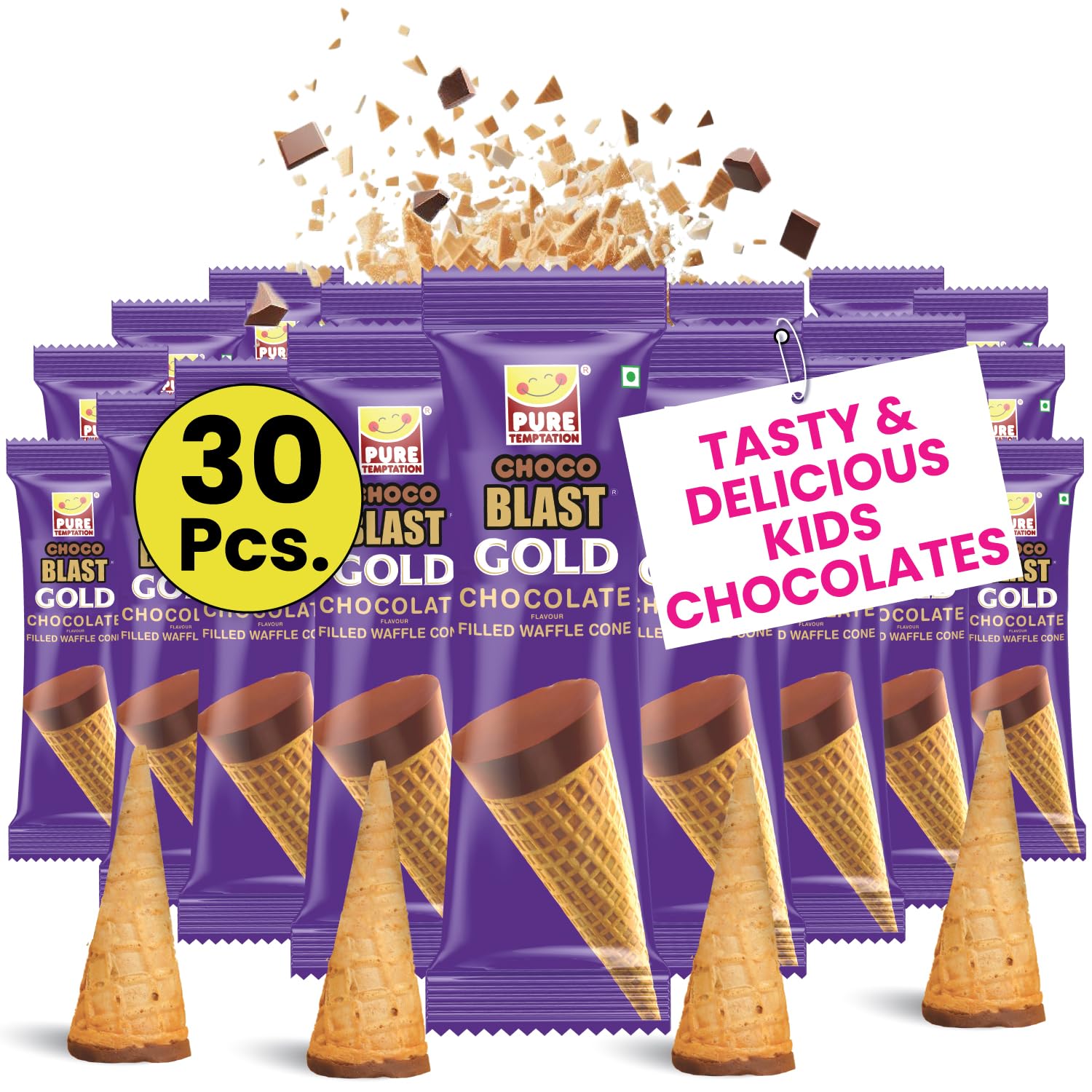 Pure Temptation Gold Chocoblast-Chocolate Flavoured Waffle Cone-Premium Chocolates For Kids Gift Pack-1 X 36 Pcs Display Pack-Birthday Chocolate Gift Box For Girls And Boys(Chocolate),0.34 Kilograms