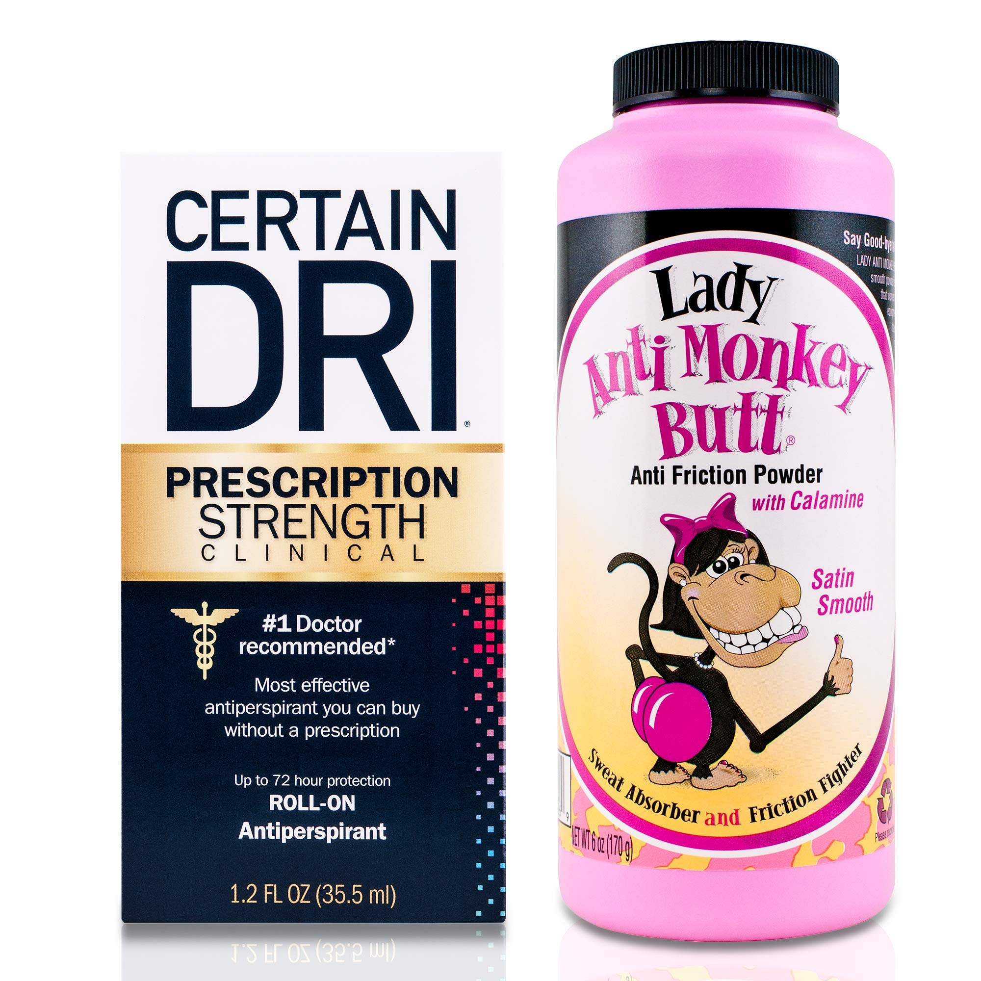 Certain Dri Anti Sweat Bundle, Certain Dri Prescription Strength Roll-On Antiperspirant (1.2 Fl oz), Lady Anti Monkey Butt Body Powder (6oz), Fragrance Free Kit, 2 Piece Set