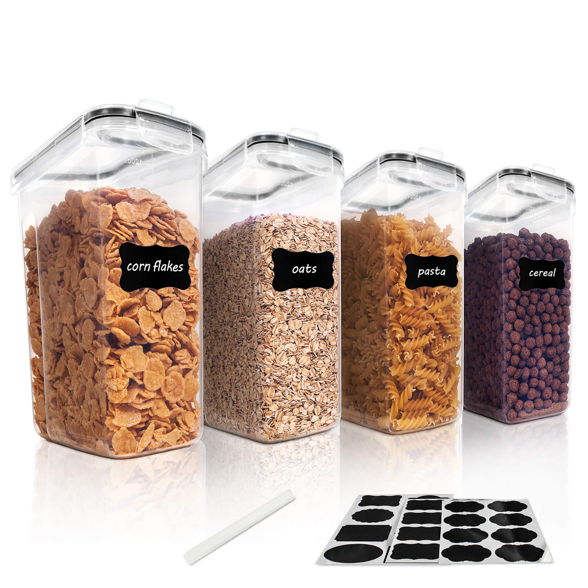 Vtopmart Cereal Storage Container Set, BPA Free Plastic Airtight Food Storage Containers 4L for Cereal, Snacks and Sugar, 4 Piece Set Cereal Dispensers with 24 Chalkboard Labels, Black