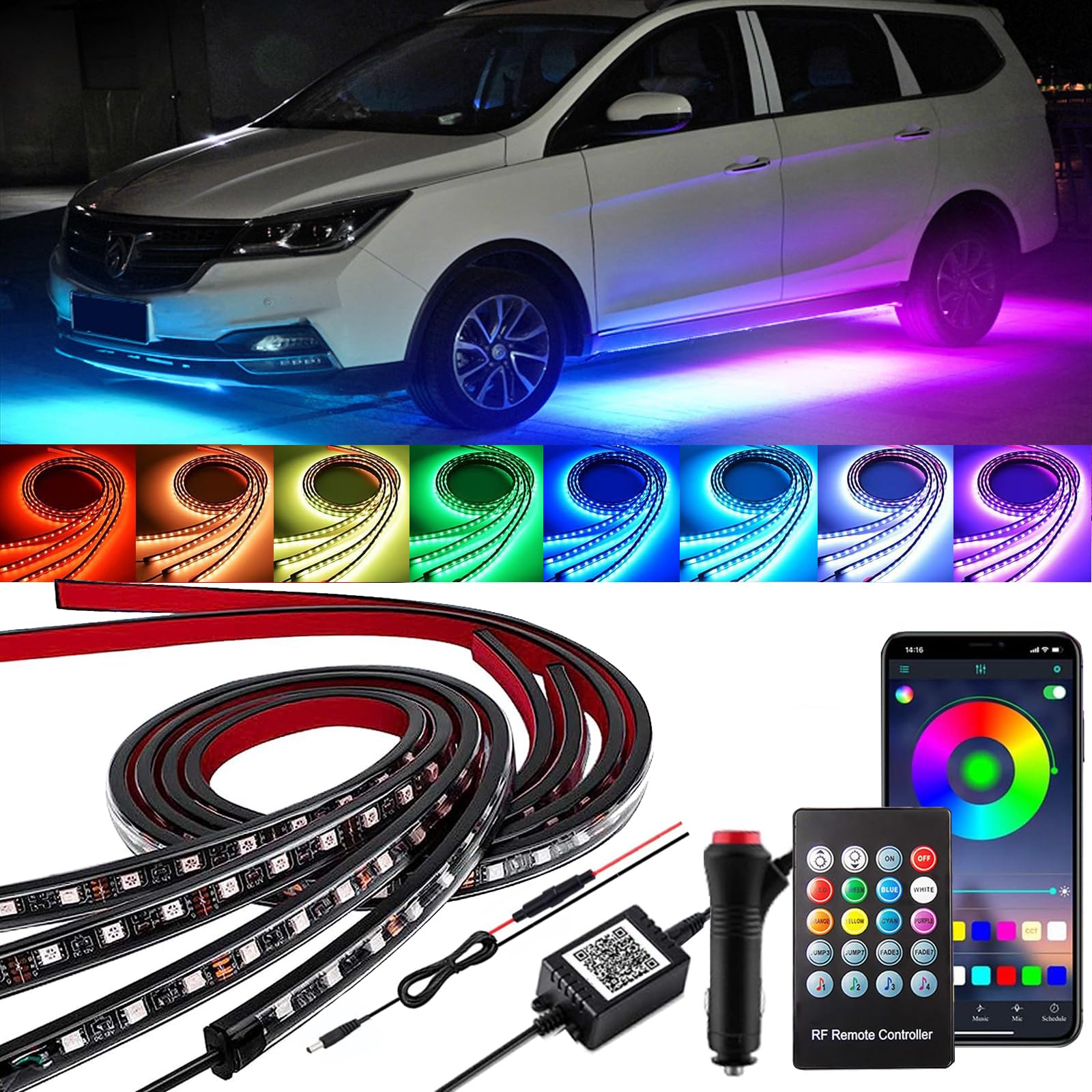 YUGUANG 4Pcs Underglow Kit for Car, APP & Remote Control Multicolor Car Underglow Light Kit Music Sync RGB Underbody Strips Light Waterproof for Car Trucks SUVs