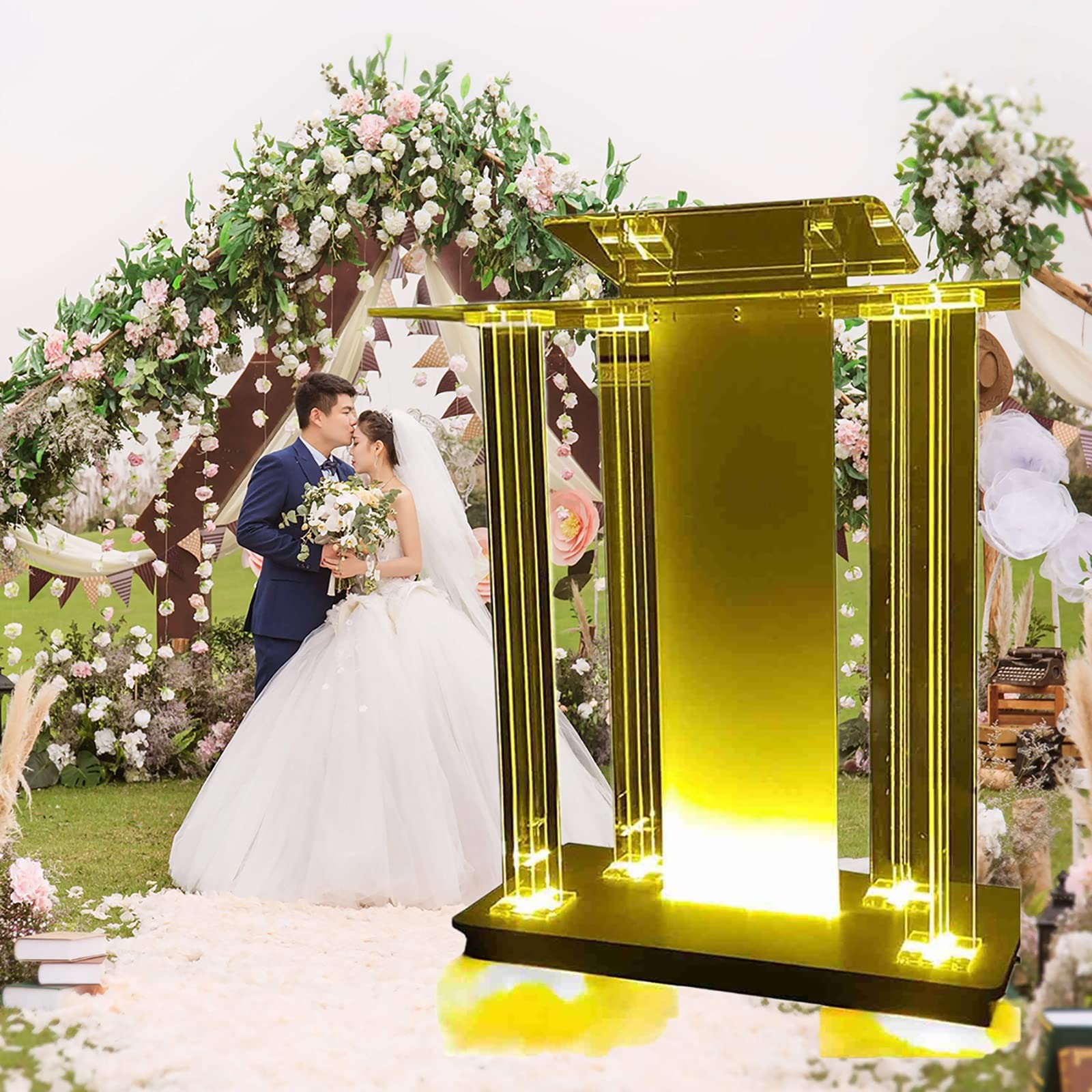 Yofsza Rolling Podium, Transparent Acrylic Podium Pulpit, Pulpits for Churches with LED Light, School Lectern Portable Presentation Podiums with Wide Reading Surface for Church Company Wedding