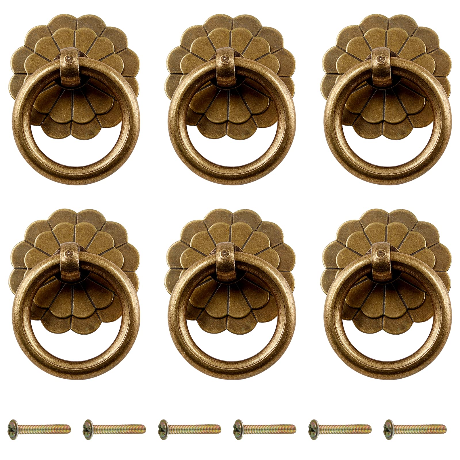 Zorfeter 6Pcs Antique Brass Ring Pulls Vintage Cabinet Small Ring Pulls Knobs Handles for Drawer Closet Cupboard