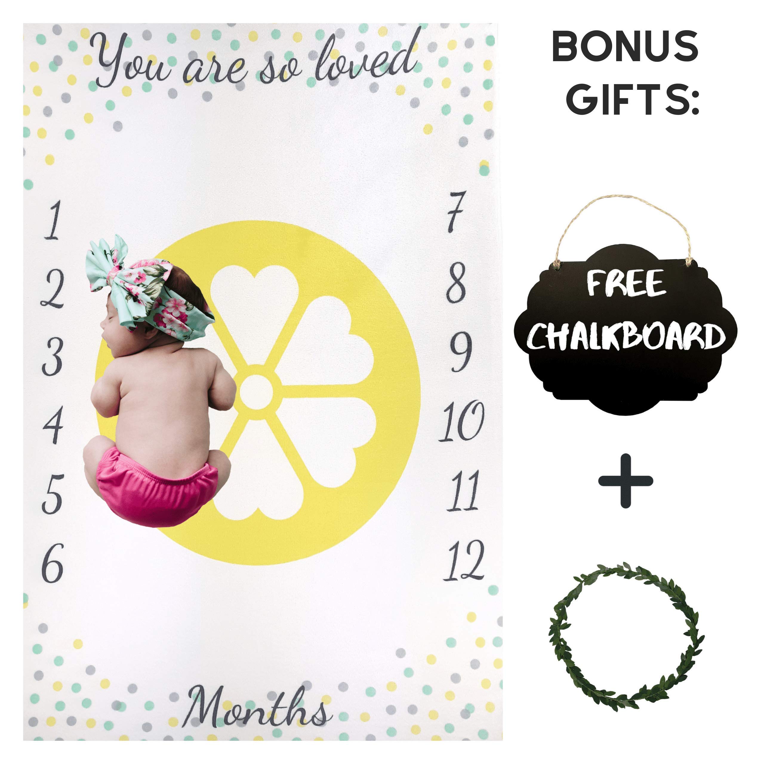 Baby Milestone Blanket by Nakie Baby Apparel & Accessories – Monthly Blanket Photo Props for Babies – Unisex Design – Ultra-Soft Polyester Fleece Gray Yellow Mint – Includes Small Chalkboard and Chalk