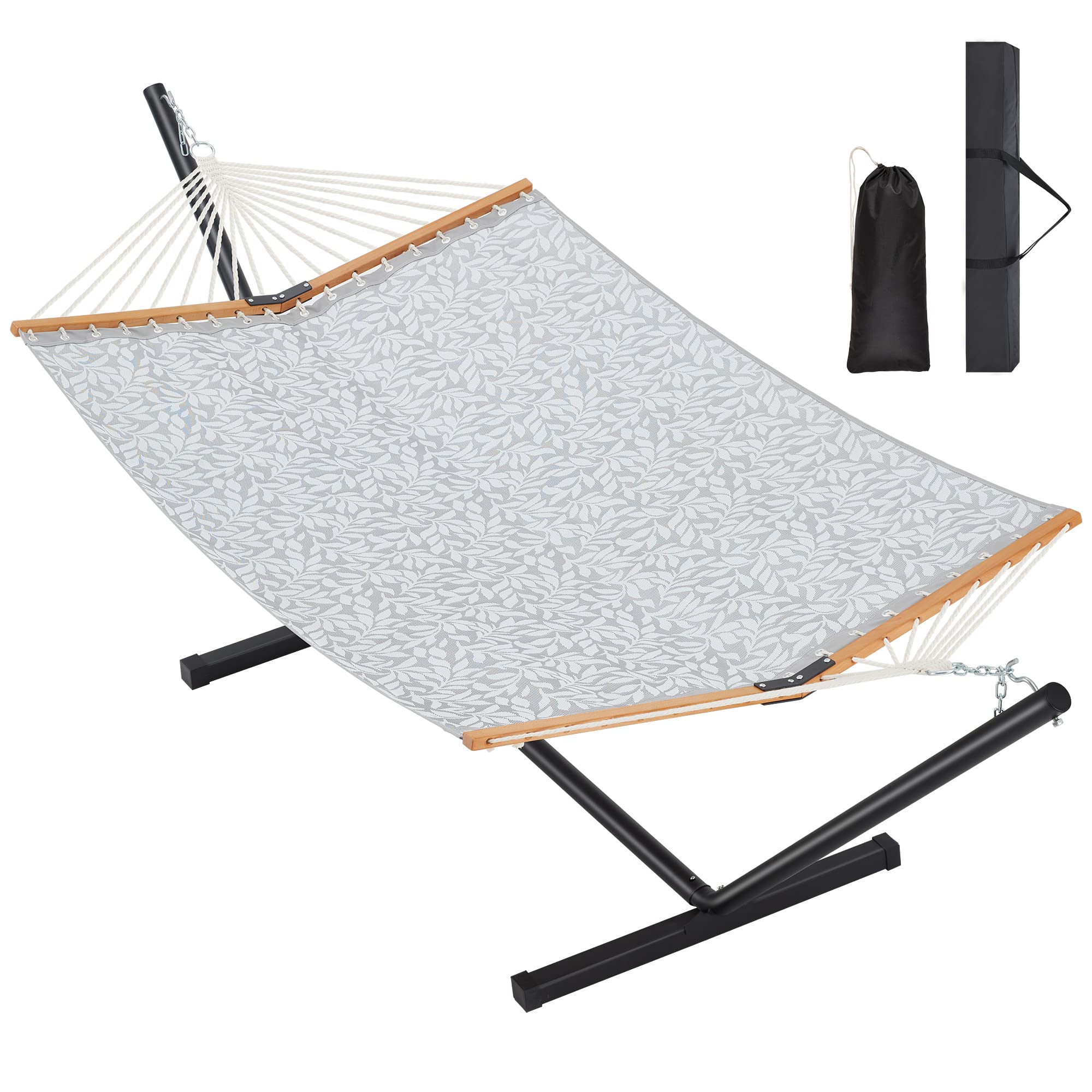 Homgava Two Person Hammock with Stand Heavy Duty, Outdoor Patio Hammock with Portable Steel Stand, Large Double Hammocks with Quick Dry Textilene Fabric,480lbs Capacity.(Grey White)