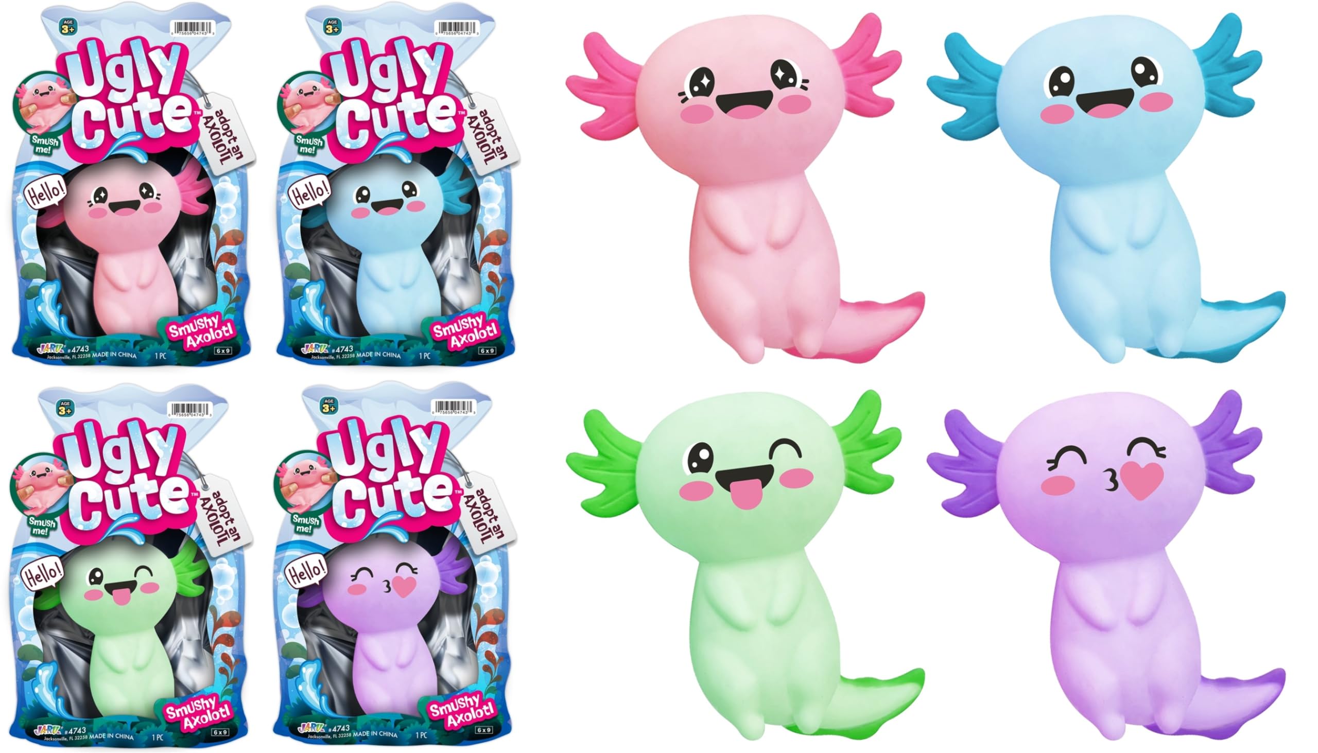 JA-RU Smushy Stuffed Axolotl Toy (4 Units Assorted) Ugly Cute Stretchy Twisty Animal Kids Toys for Boys and Girls. Smush Fidget Silly Squeez Stress Relief Axolotls Figure. 4743-4s