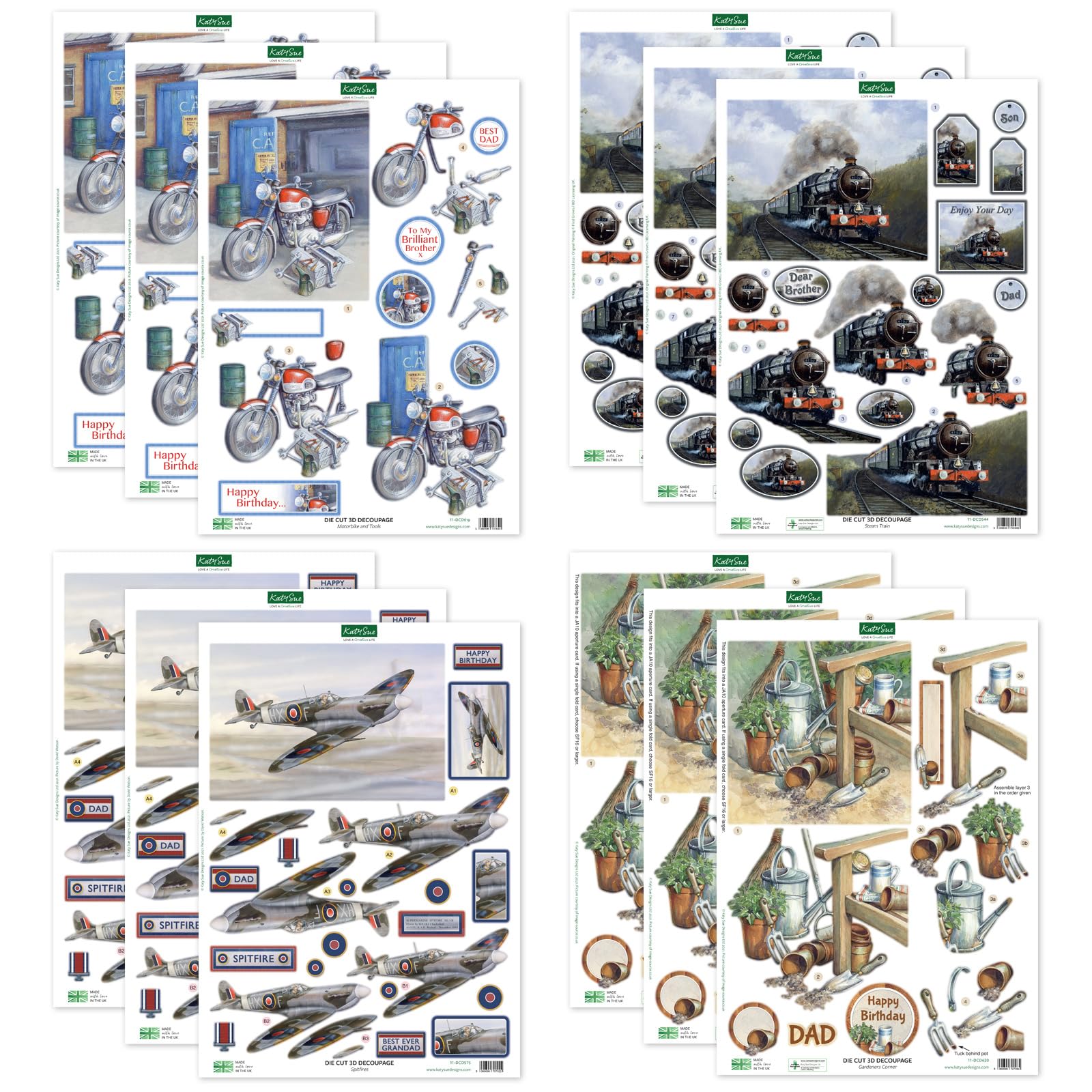 Katy Sue Hobbies - Planes, Trains, Automobiles, & Gardening 3D Die Cut Decoupage Set for Card Making Supplies. Contains 12 Sheets of Die-Cut Decoupage for Card Making and Paper Crafting