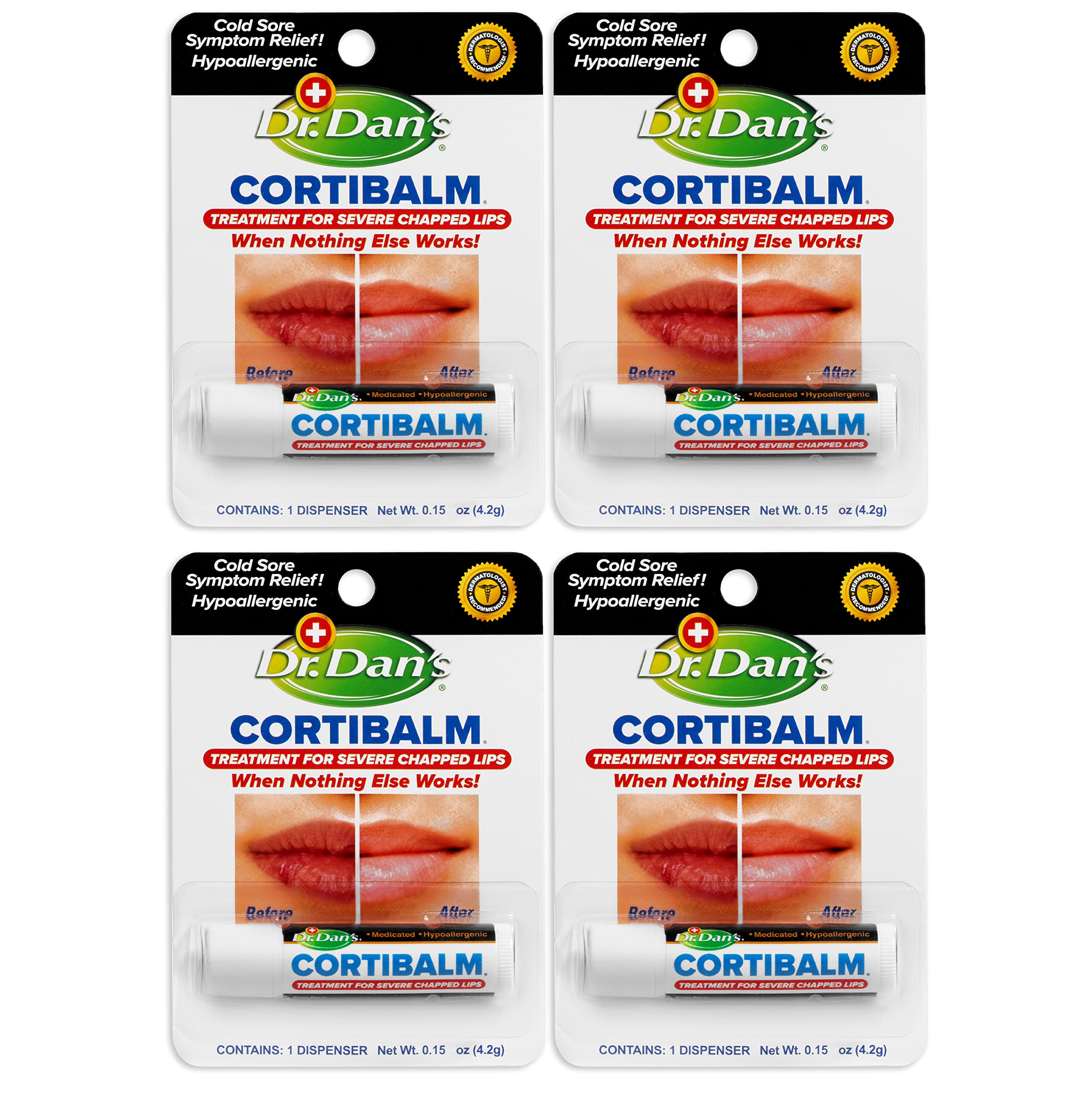 Dr. Dan's Cortibalm - 4 Pack - for Dry Cracked Lips - Healing Lip Balm for Severely Chapped Lips - Designed for Men, Women and Children