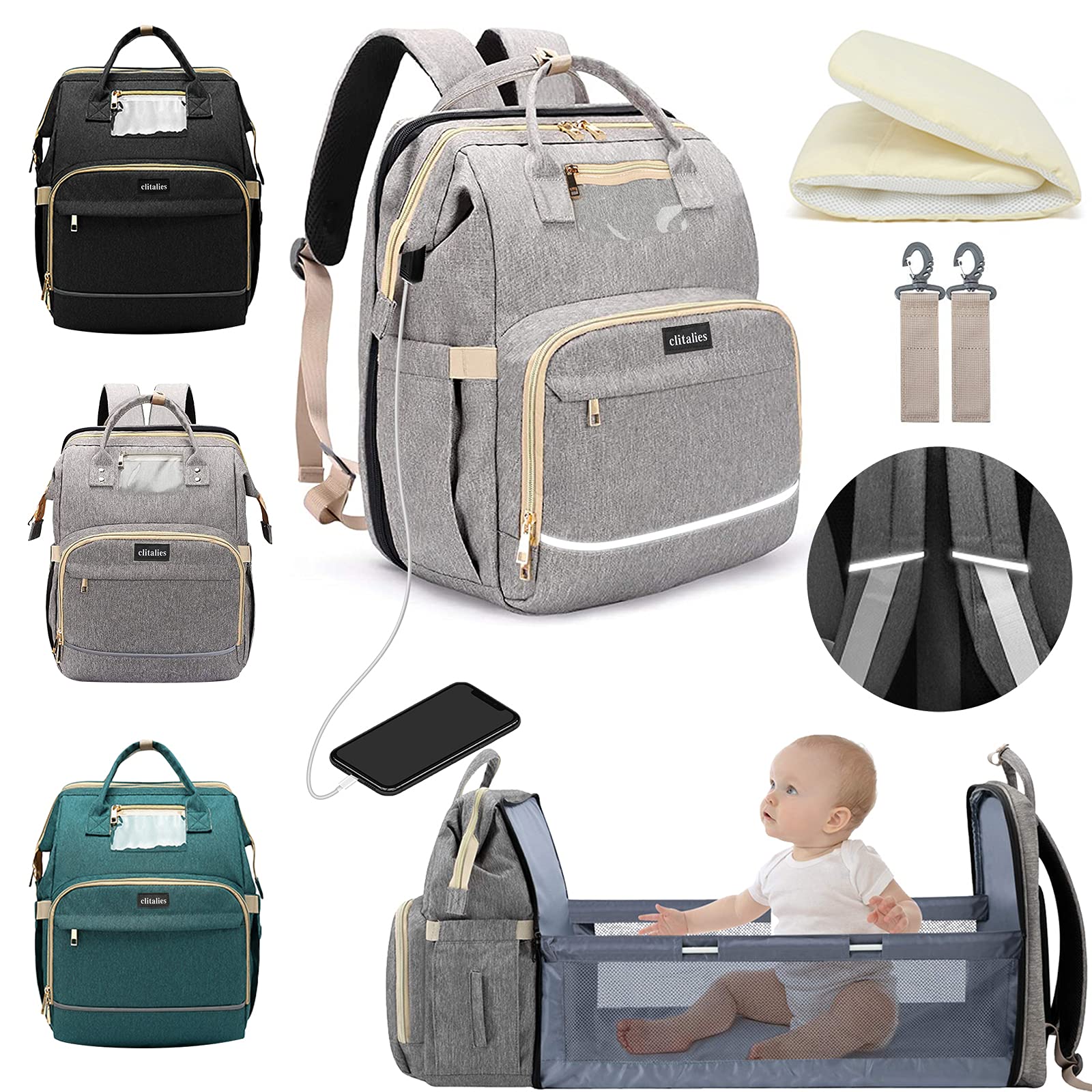 Diaper Bag Backpack, Multifunction Diaper Bag Large Capacity Waterproof Baby Changing Bags for Mom and Dad, with USB Charging Port and Insulated Bottle Pockets (Gray)