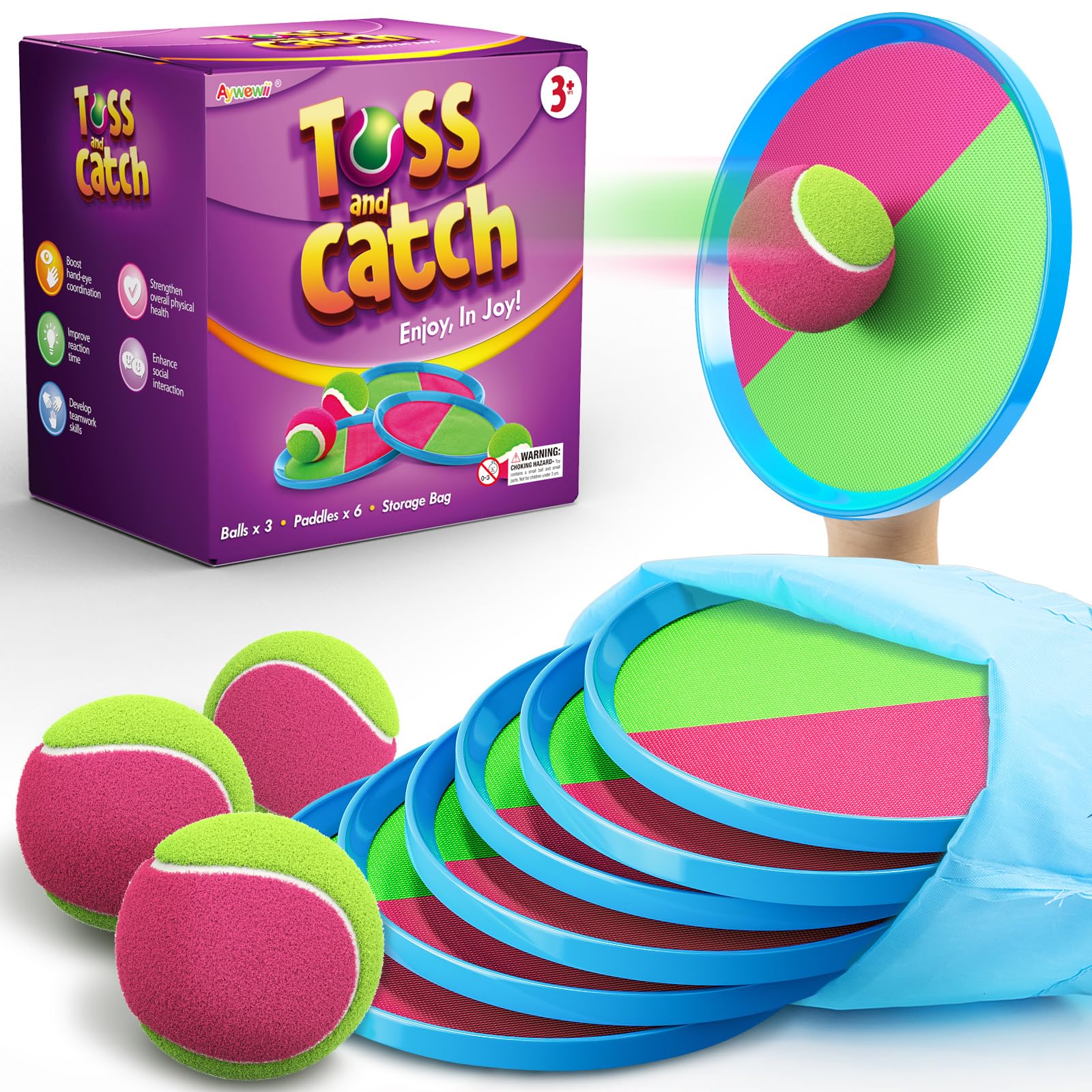 Aywewii Toss and Catch Ball Set Kids Games, Beach Toys Outdoor Yard Games for Kids with 6 Paddles and 3 Balls Outside Toys for Kids Age 3-12 Girl Boy Birthday Gift