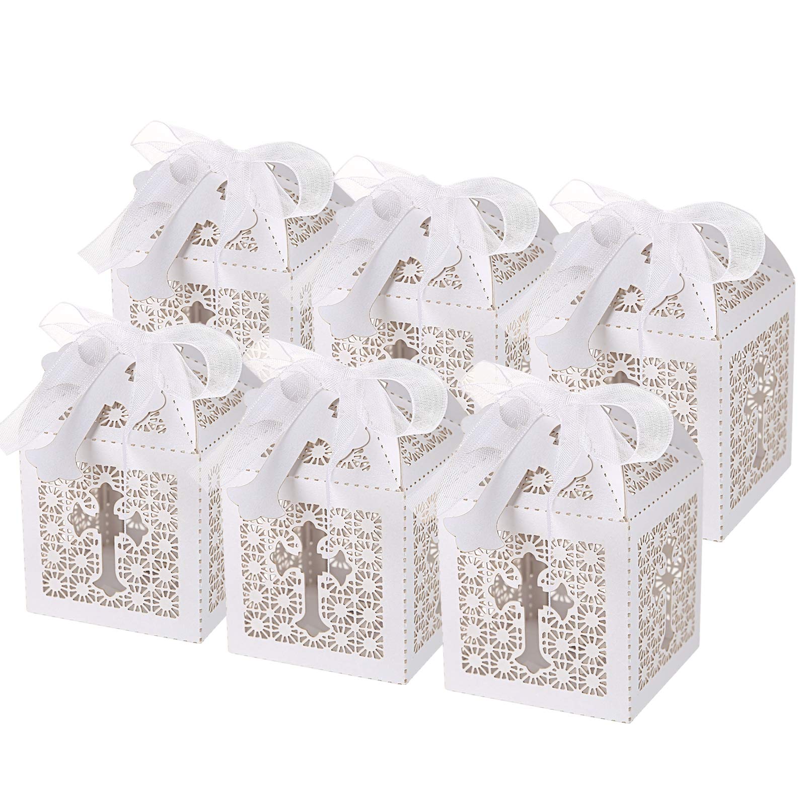 LIHAO50 PCS Candy Treat Box Baptism Favor Boxes Laser Cut Hollow Cross Favor Gift Box with Ribbons for Wedding Christening Baby Shower Christmas Party