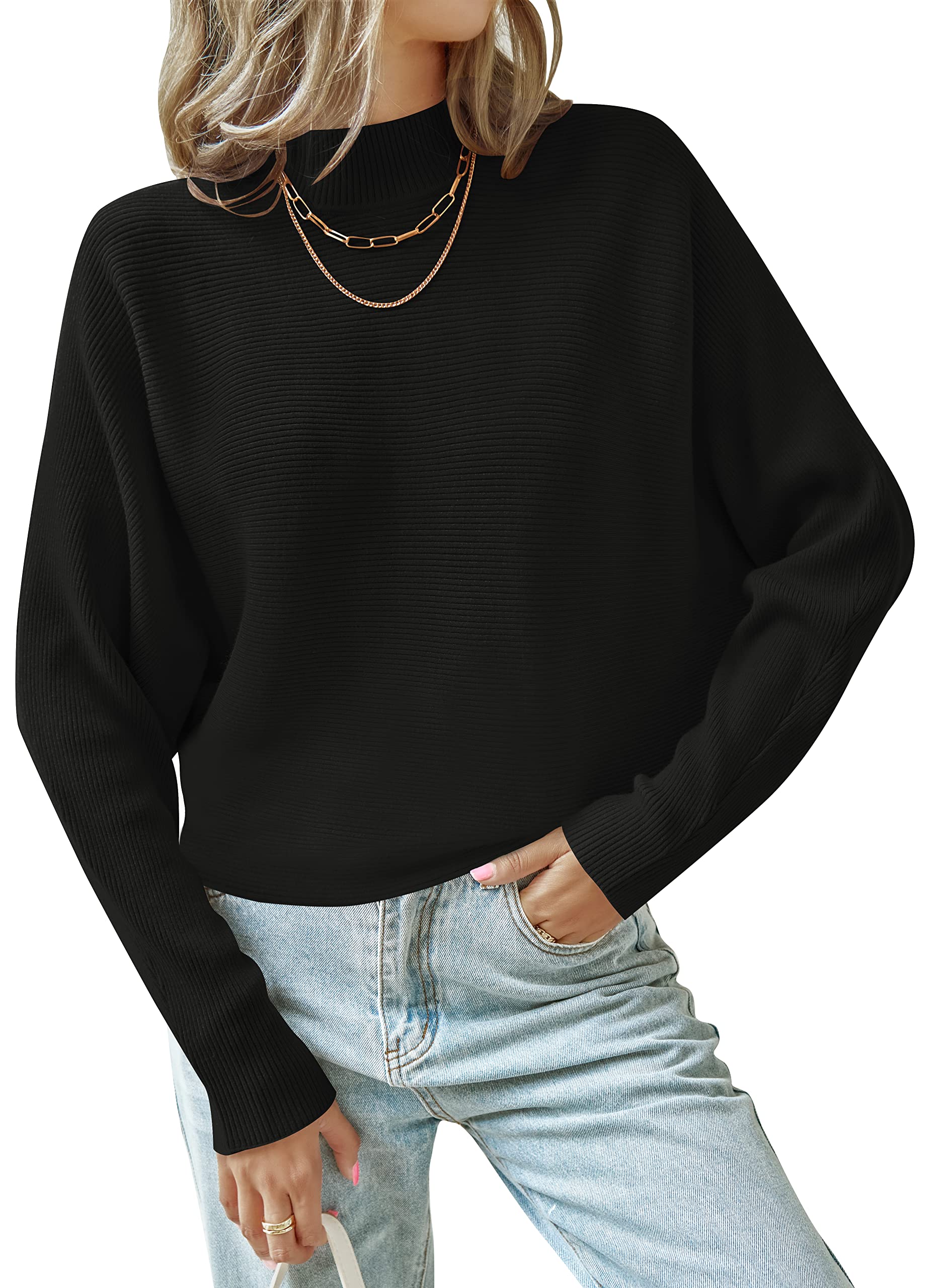 ZESICAWomen's 2024 Fall Turtleneck Batwing Long Sleeve Ribbed Knit Casual Soft Pullover Sweater Jumper Top