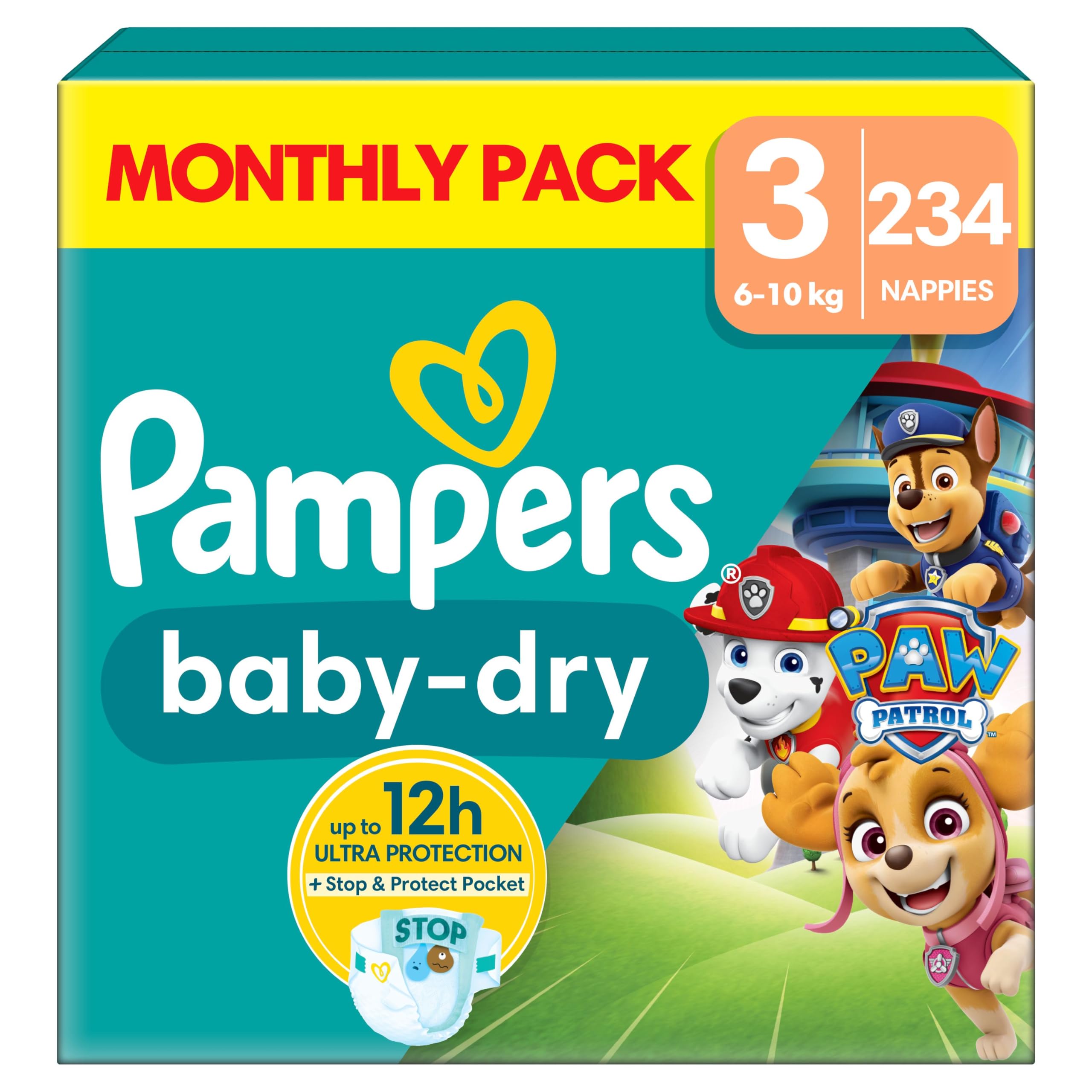 Pampers Baby-Dry Paw Patrol Edition Size 3, 234 Nappies, 6kg - 10kg, Monthly Pack, with A Stop & Protect Pocket to Help Prevent Leaks at The Back (Package may vary)