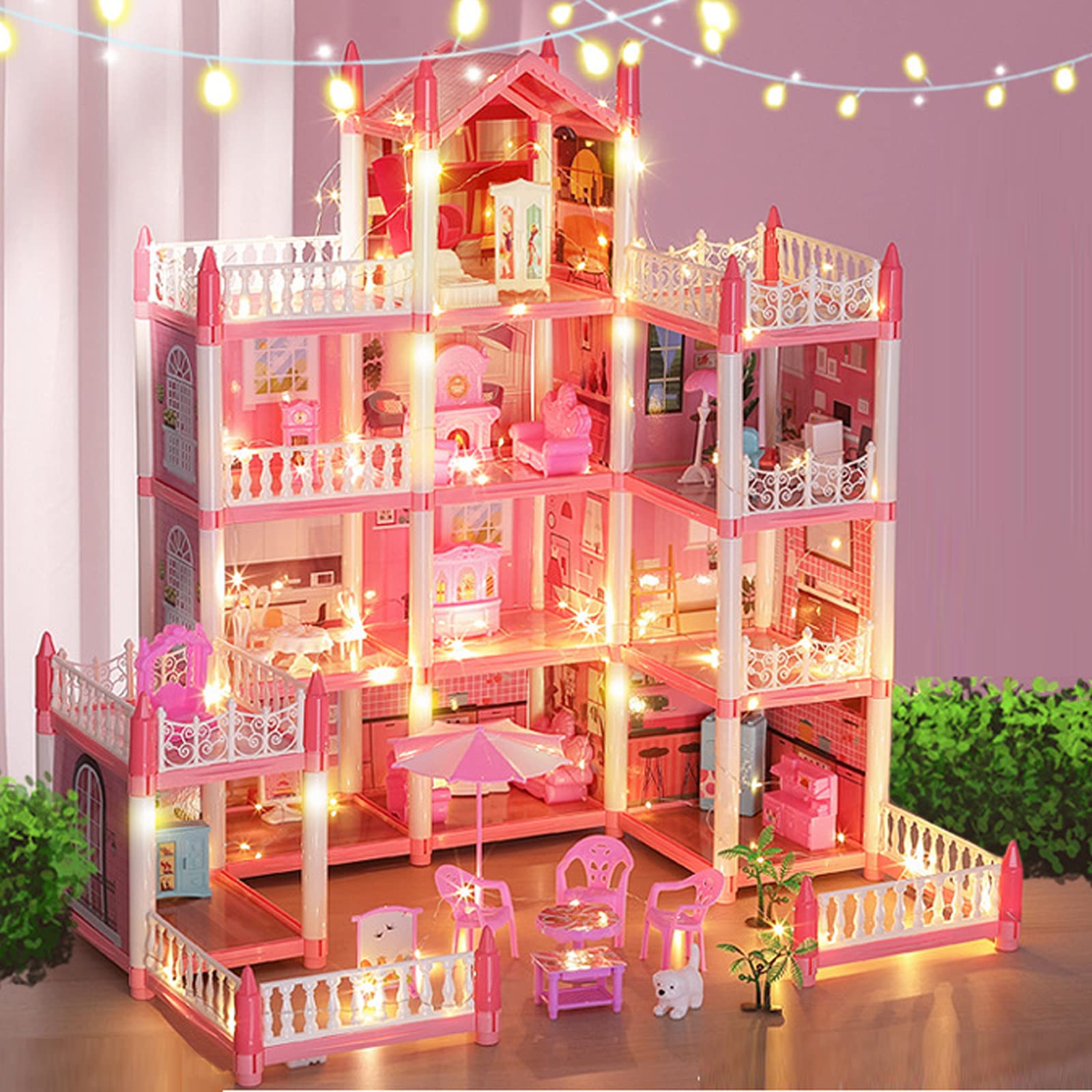 IS MUHE Doll House Building Toys, Doll House for Indoor for Girl, Toy House with Lights, Slide and Doll, Building Playset with Acceccories & Furniture, Pink Play Dream House for Girls