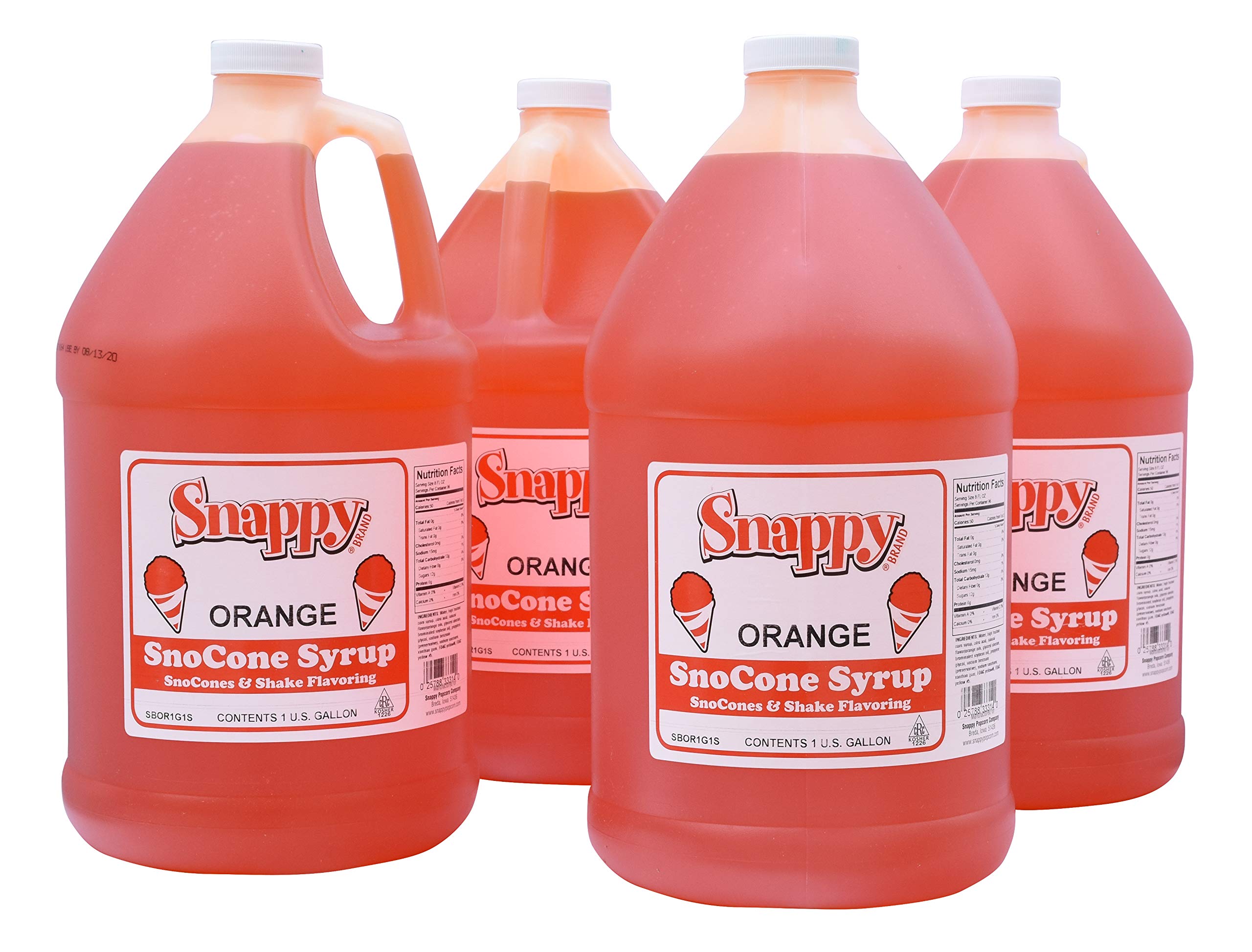 Snappy Orange Sno Cone Syrup, 4-1 Gallon (128 ounces) Size, 4 Pack, Ready to Use Snow Cone Machine Syrup, Flavored Syrup for Shaved Ice, 12 Snow Cone Flavor Options