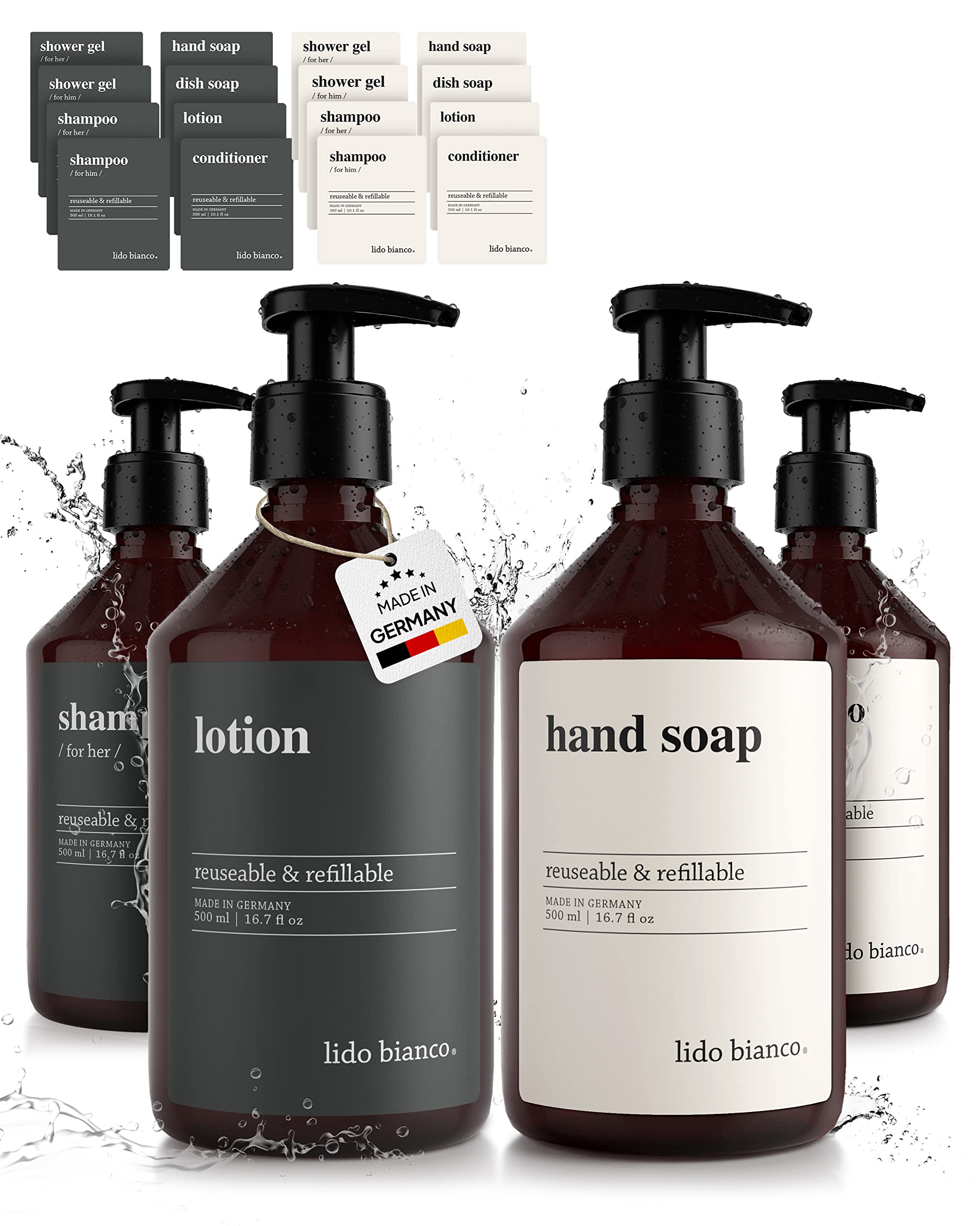 lido bianco® Shampoo Bottles for Filling Plastic 500 ml [Set of 4] Made in Germany & BPA Free Soap Dispenser Set Including 16 x Waterproof Labels