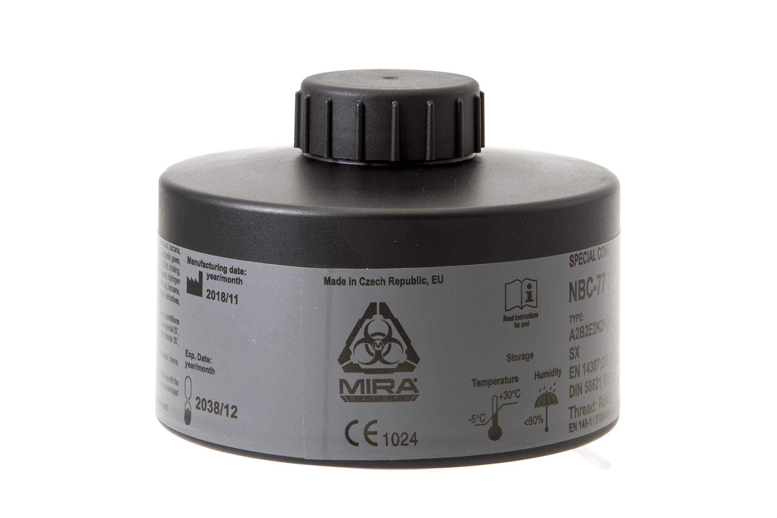 MIRA Safety - NBC-77 SOF - Single 40mm Gas Mask Filter - Special Combined CBRN Respirator Filters - NATO Standard Size (40mm x 1/7") - Canister Filter Fits CBRN Gas Masks - 20 Year Shelf Life