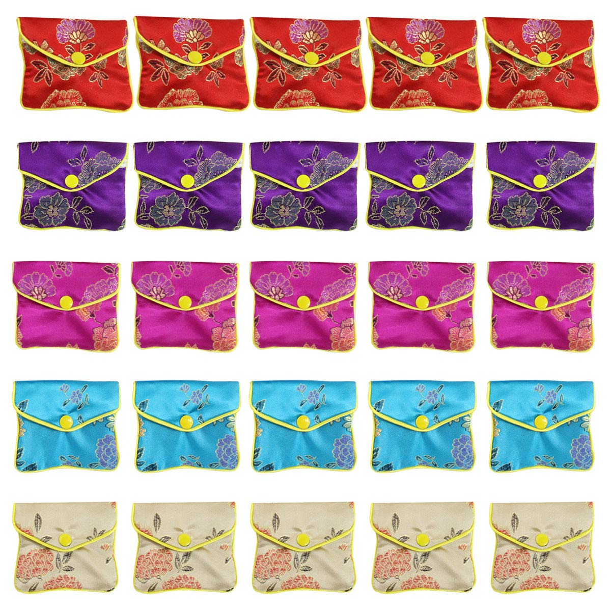 FaylapaFaylapa 25 Pcs Silk Brocade Jewelry Pouch Bag,Embroidered Gift Bags,Button and Zipper Coin Purse,5 Multiple Colour Silk Bags