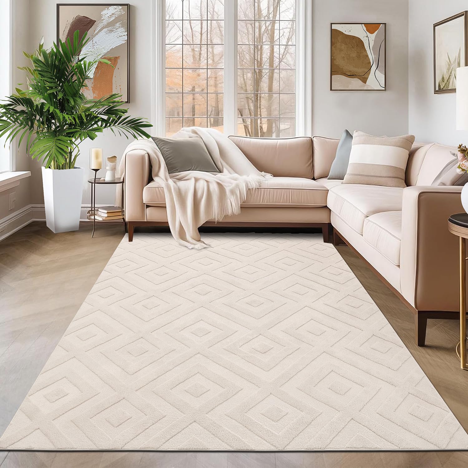 SHACOS Washable Rug Living Room 160 x 230 cm Large Rug Modern Cream Area Rug for Living Room, Bedroom, Non-Slip Rug, Ultra Soft Floor Carpet, Geometric Design Shaggy Lounge Area Rug, Easy To Care