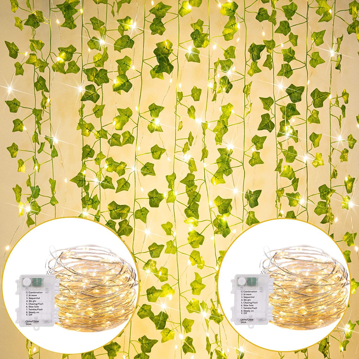 String Lights with Vines Battery Operated 24 Pcs 7 Feet Artificial Ivy Vine 110 LED Vine Lights 8 Modes Ivy Lights for Bedroom Room Wall Wedding Indoor Party Festival Decor ( Warm White)