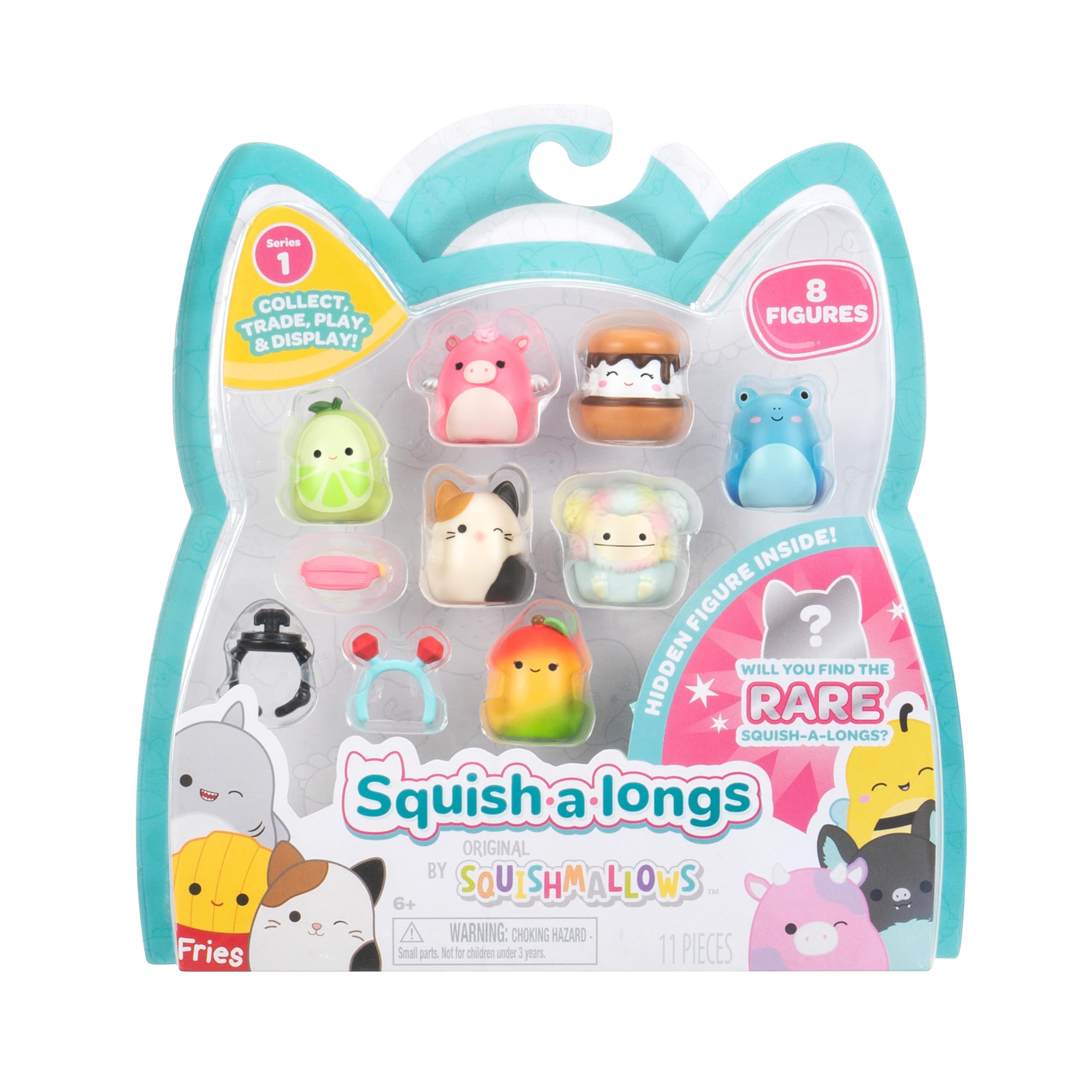 Squish-a-longs 8 Pack - Series 1, Style 2 - (8) 1” Mini-Squish with 2 Accessories, Ring, and Collector’s Guide - Collect, Trade, & Play