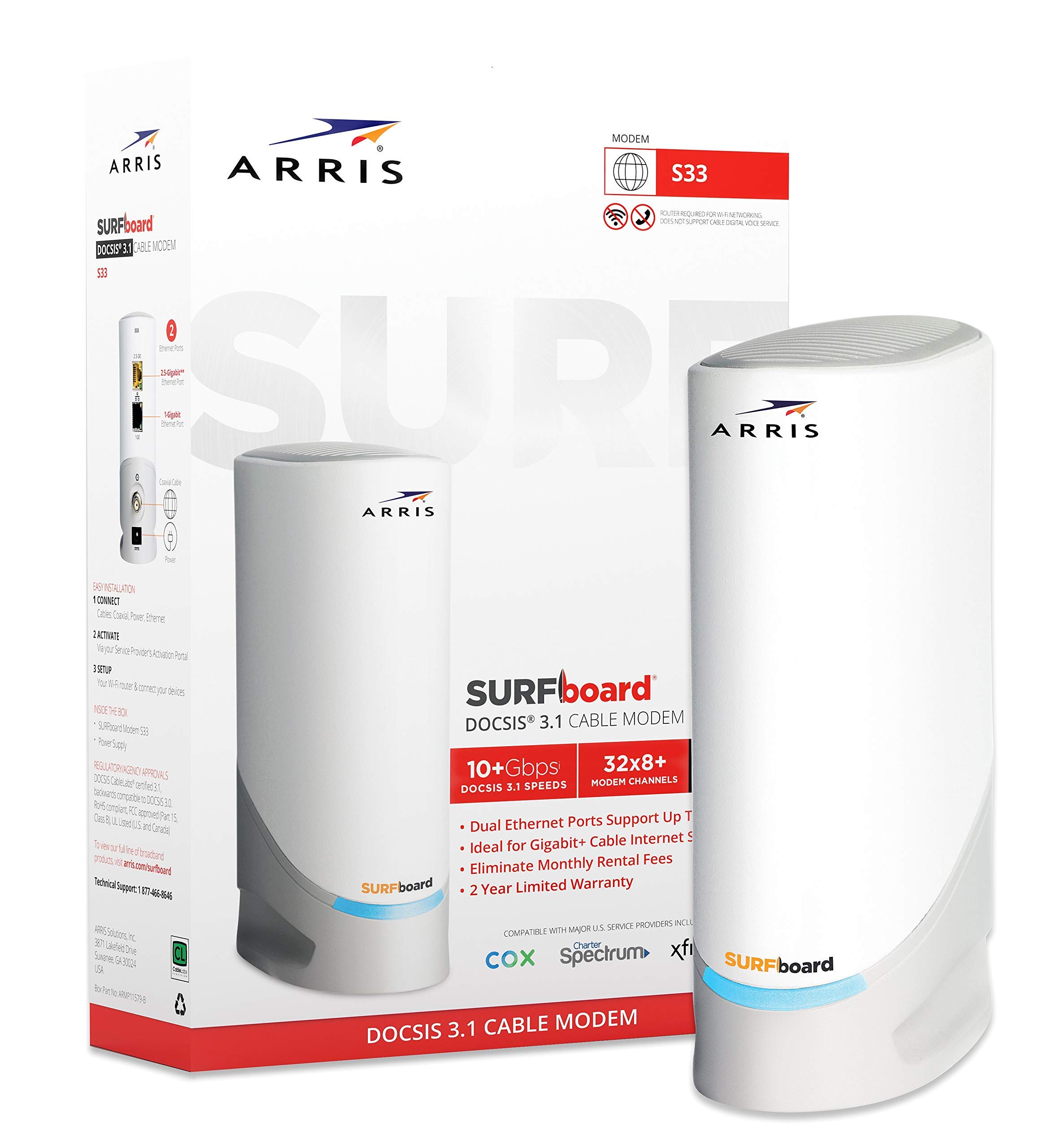 ARRIS - SURFboard S33 32 x 8 DOCSIS 3.1 Multi-Gig Cable Modem with 2.5 Gbps (Renewed)