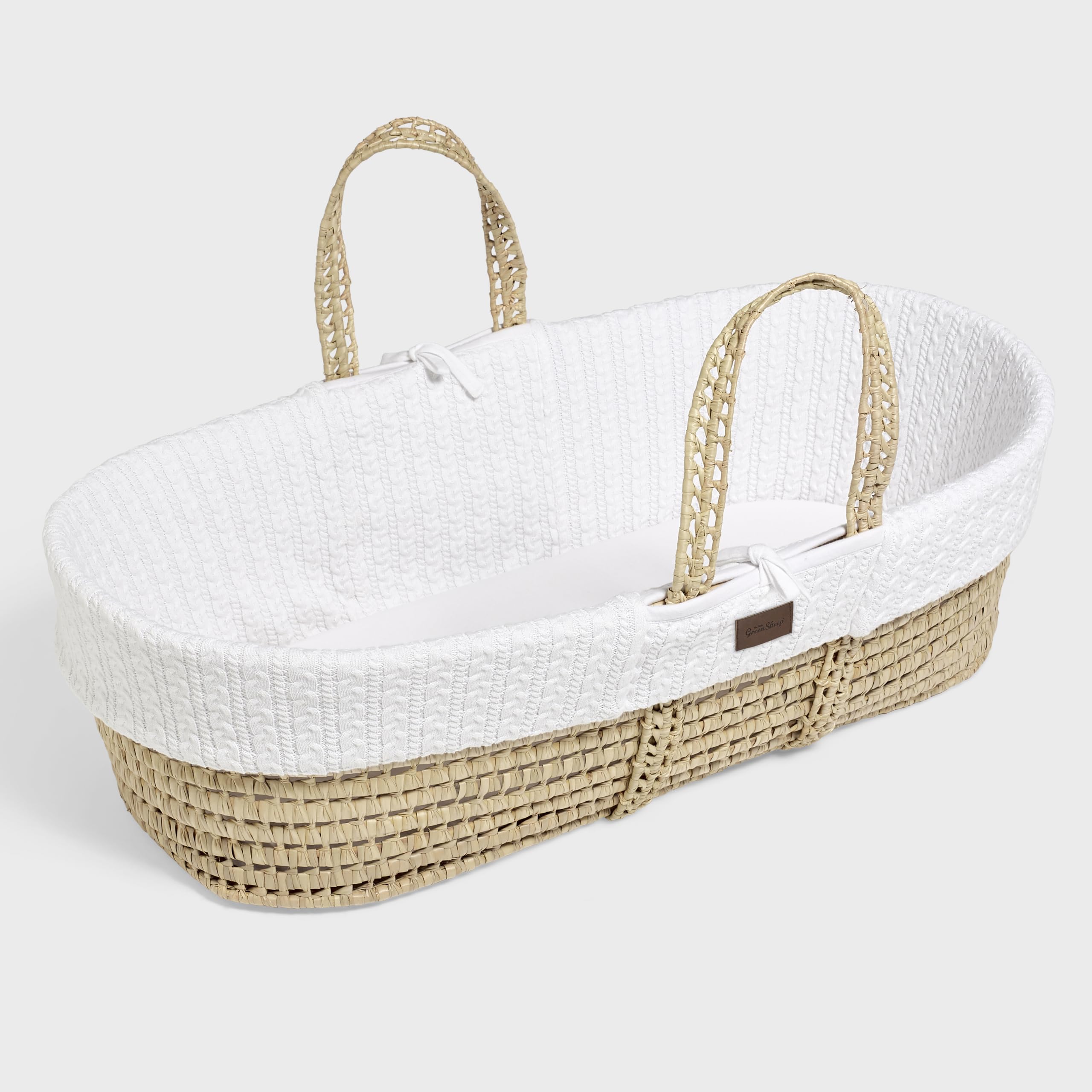 The Little Green Sheep Natural Knitted Moses Basket & Mattress|Quality palm leaf basket|Machine washable cover (30*C) |100% Organic Cotton lining |0 to 6 months (82 x 42 cm)-White