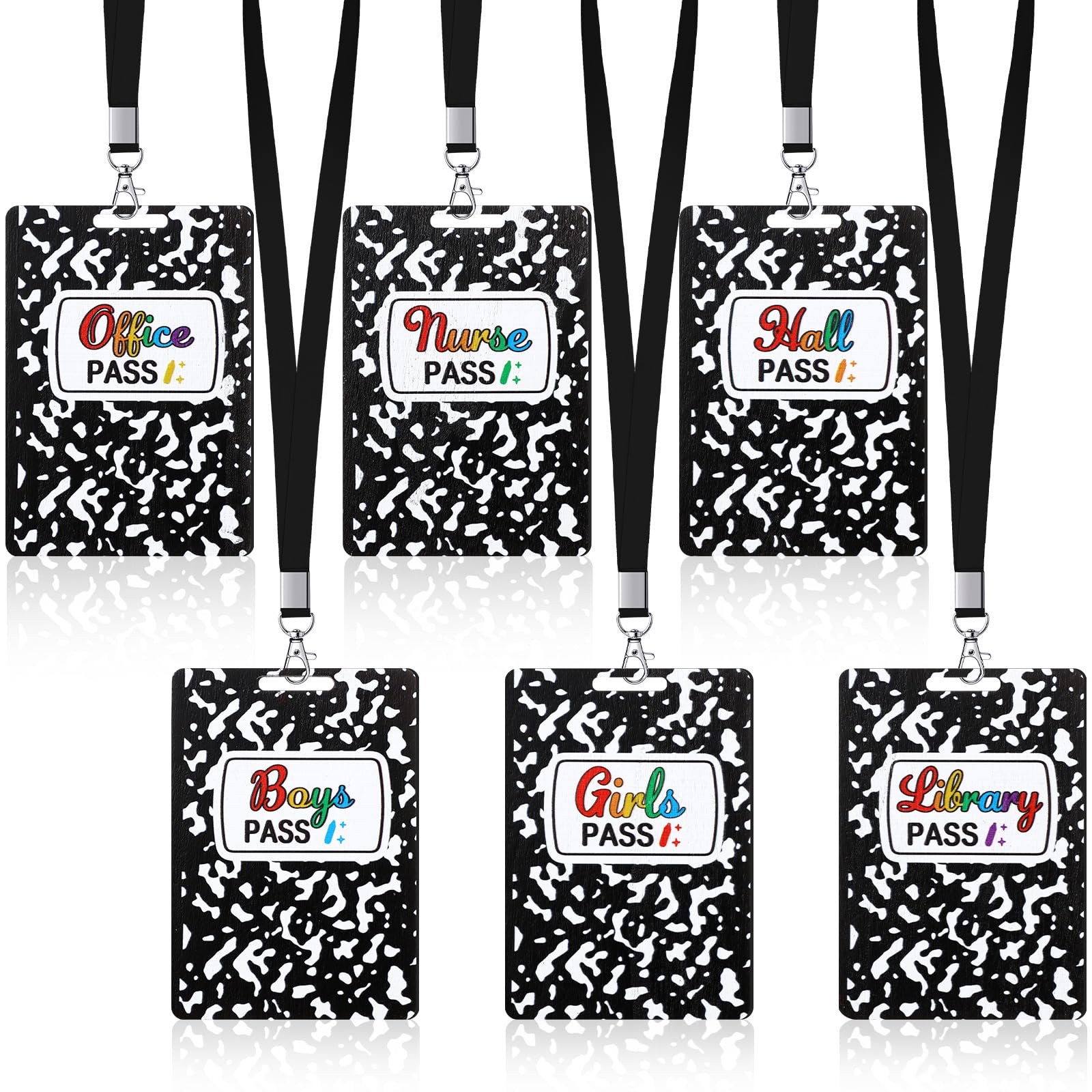 Sabary 6 Sets Hall Pass Lanyards and School Passes Set Unbreakable Wooden Bathroom Passes for Classrooms Hall, Restroom, Library, Office and Nurse School Teacher Supplies Gift (Composition Book)