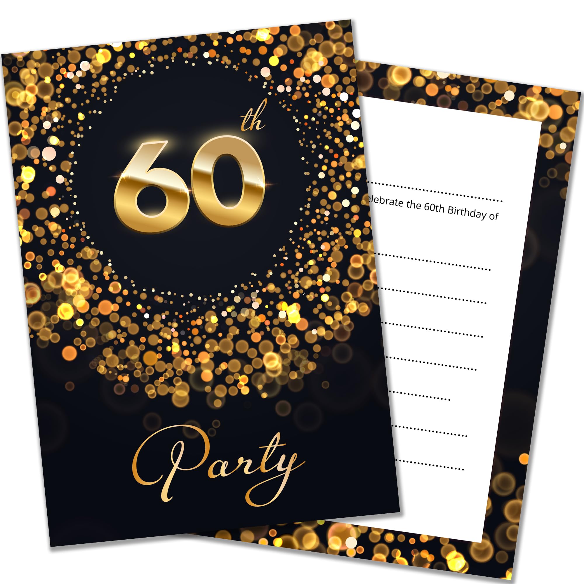 Olivia Samuel 20 x 60th Birthday Party Invitations with Envelopes - Ready to Write - Black and Gold Effect - Designed and Printed in the UK